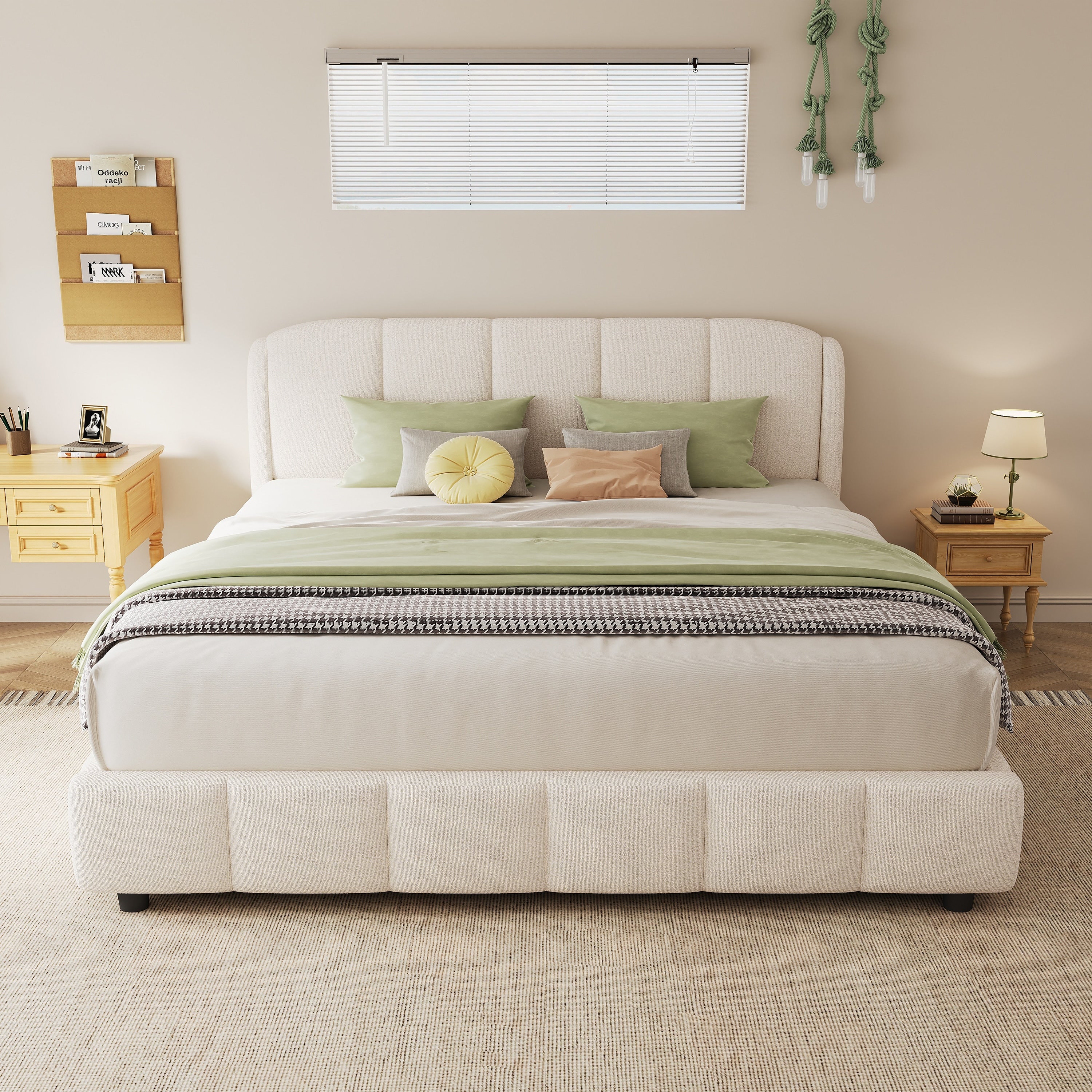Queen Boucle Fabric Platform Bed Soft Curved Headboard Beige Finish Simple Setup