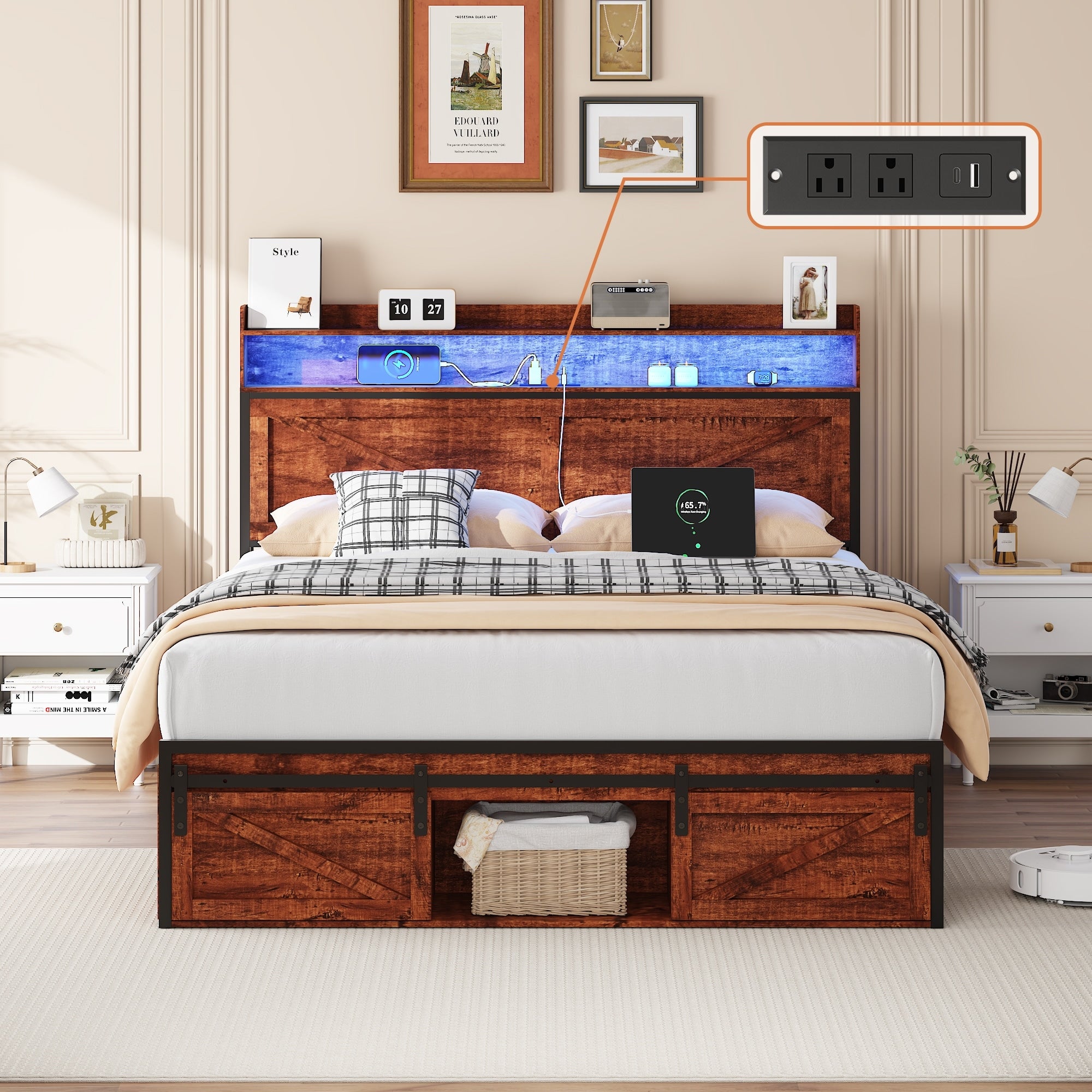 Queen Brown Platform Bed Frame With Storage Headboard Footboard