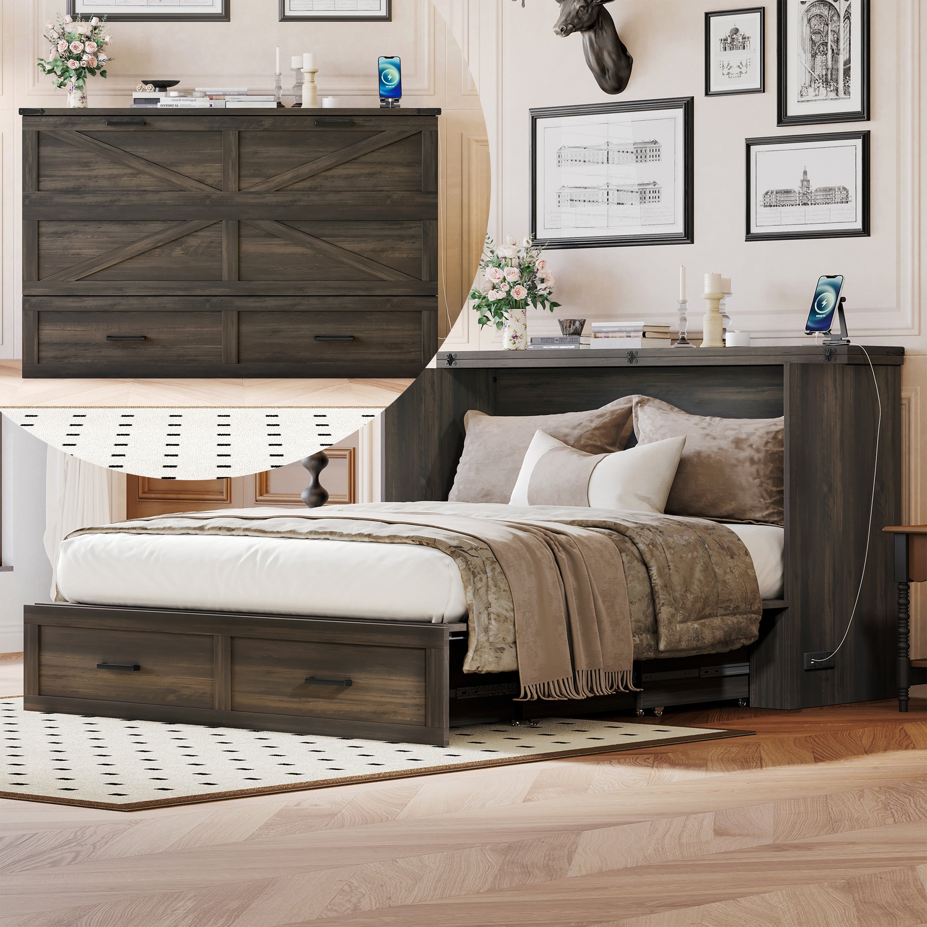 Queen Farmhouse Murphy Bed With Charging Station And Large Storage Drawer