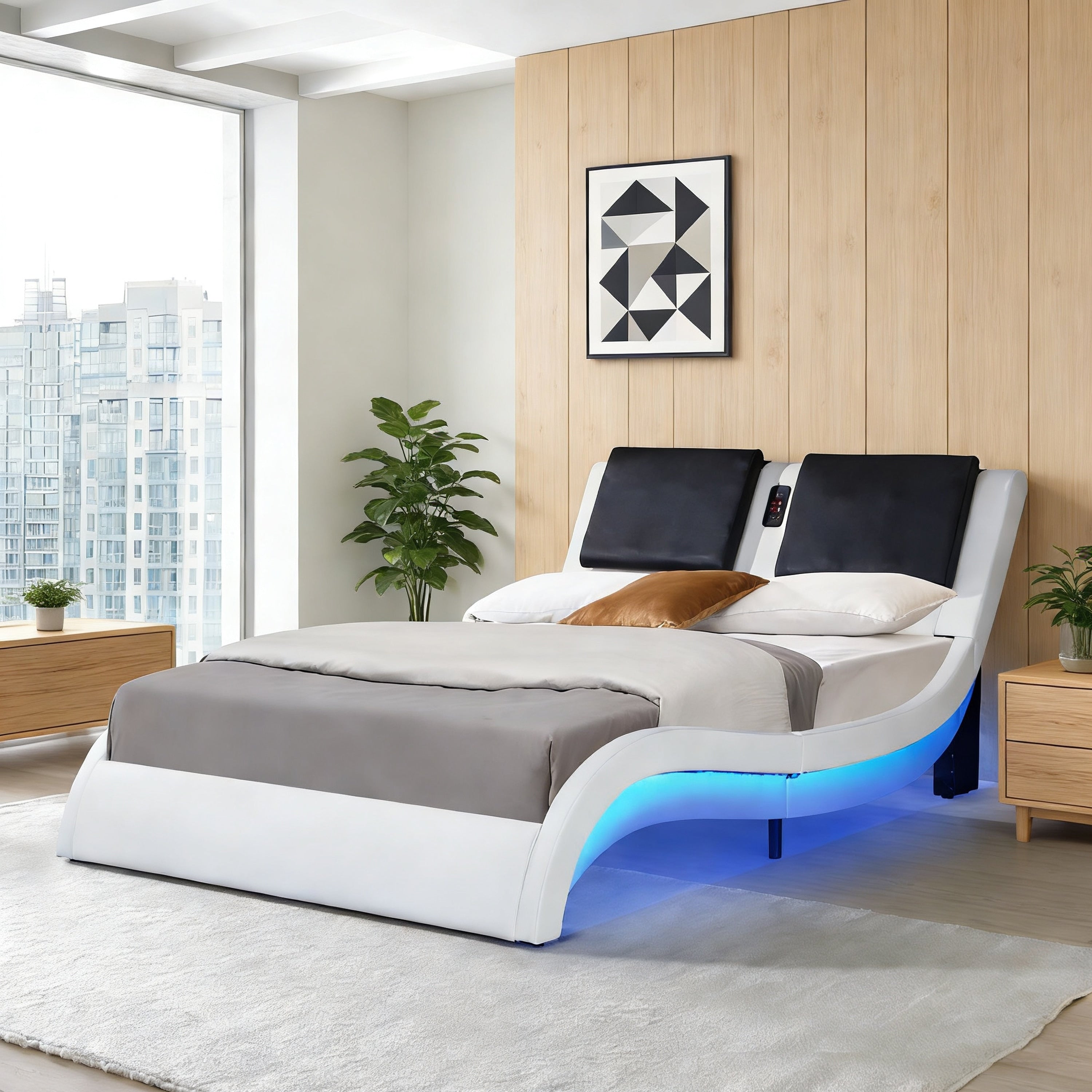 Queen Faux Leather Upholstered Platform Bed Frame With Led Lighting Bluetooth Connection To Play Music Control