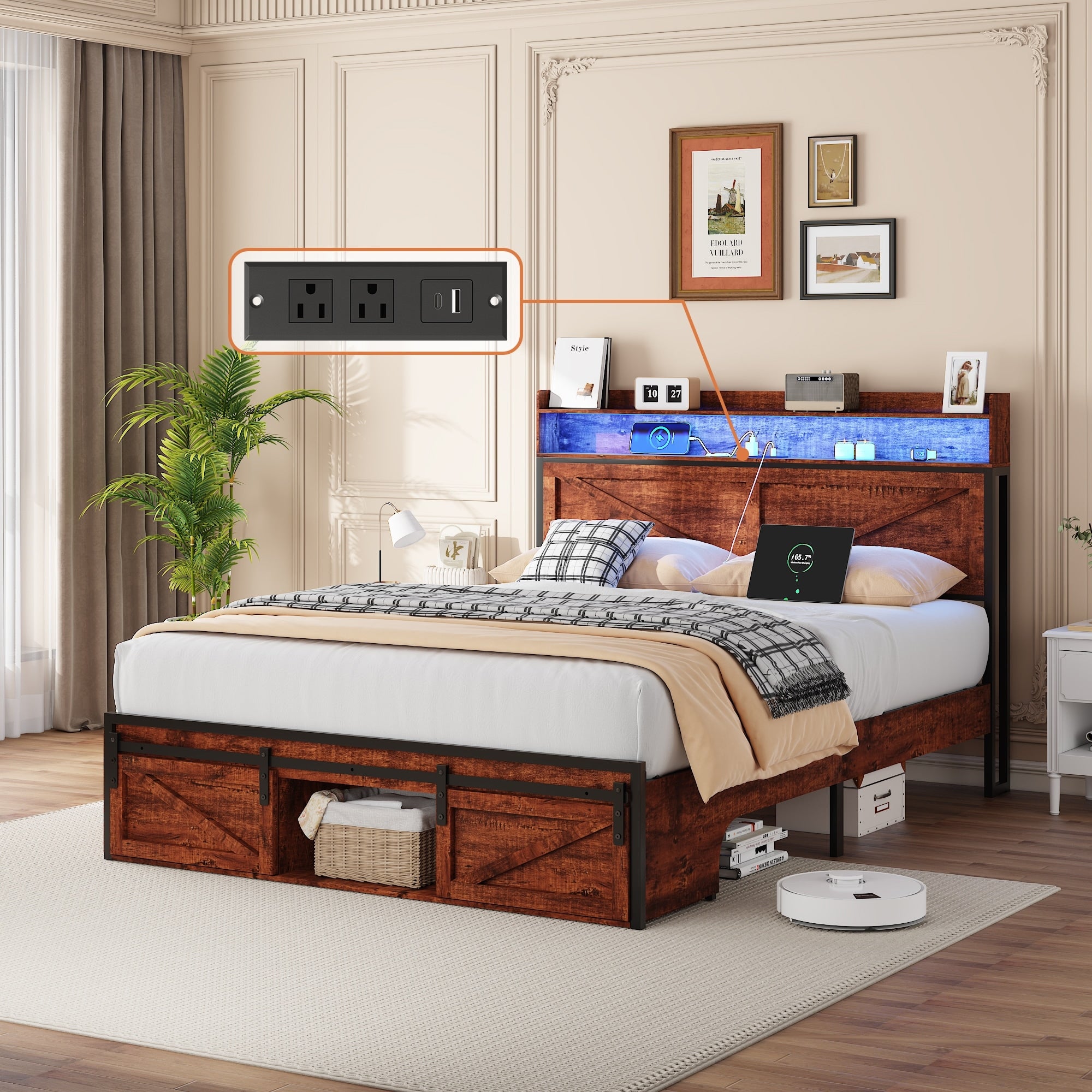 Queen Full Bed Frame With Storage Headboard Footboard Storage Led Lights Anti Slip Noise Free Metal Platform