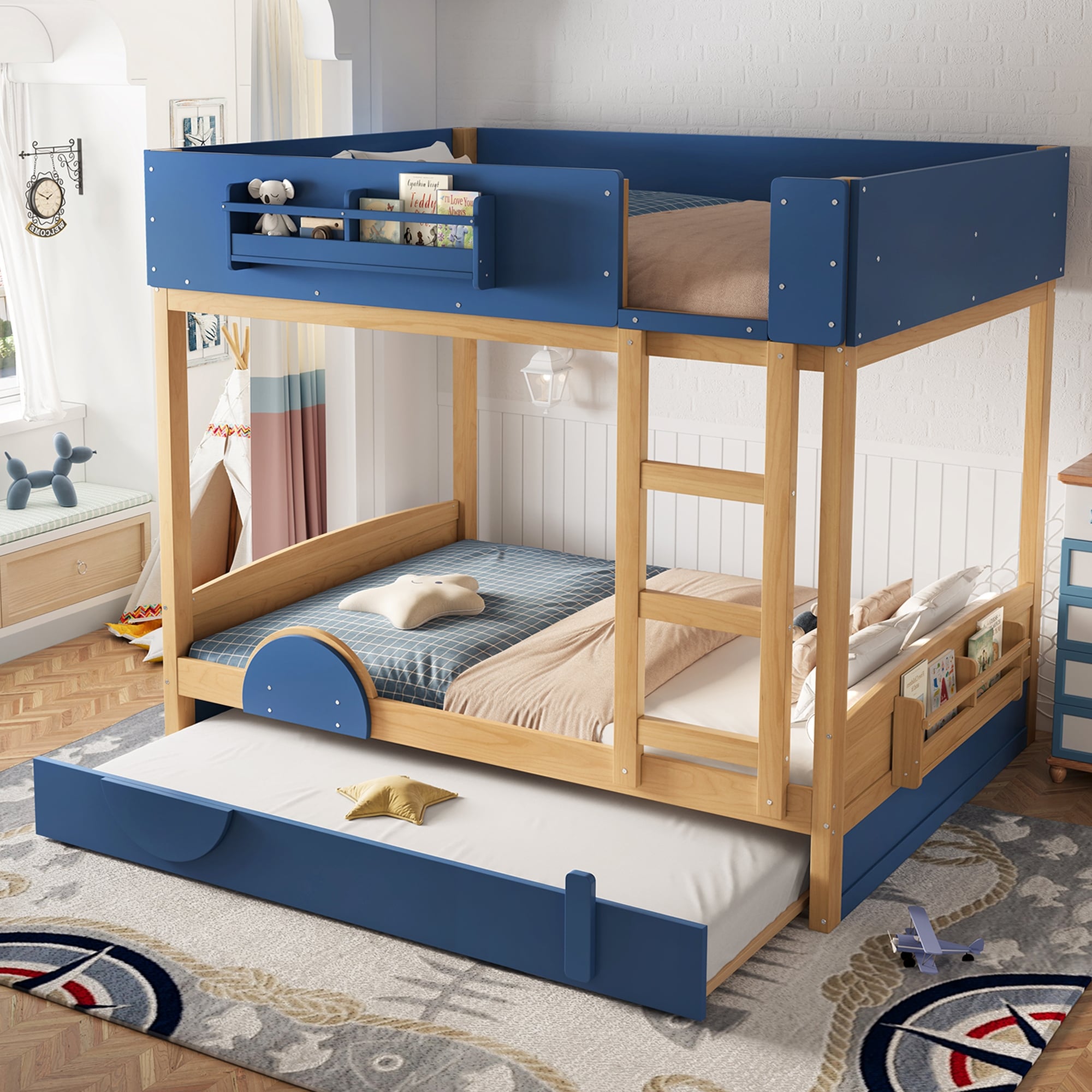Queen Full Bunk Bed With Trundle Built In Bookshelf Safety Guardrail Automobile Design
