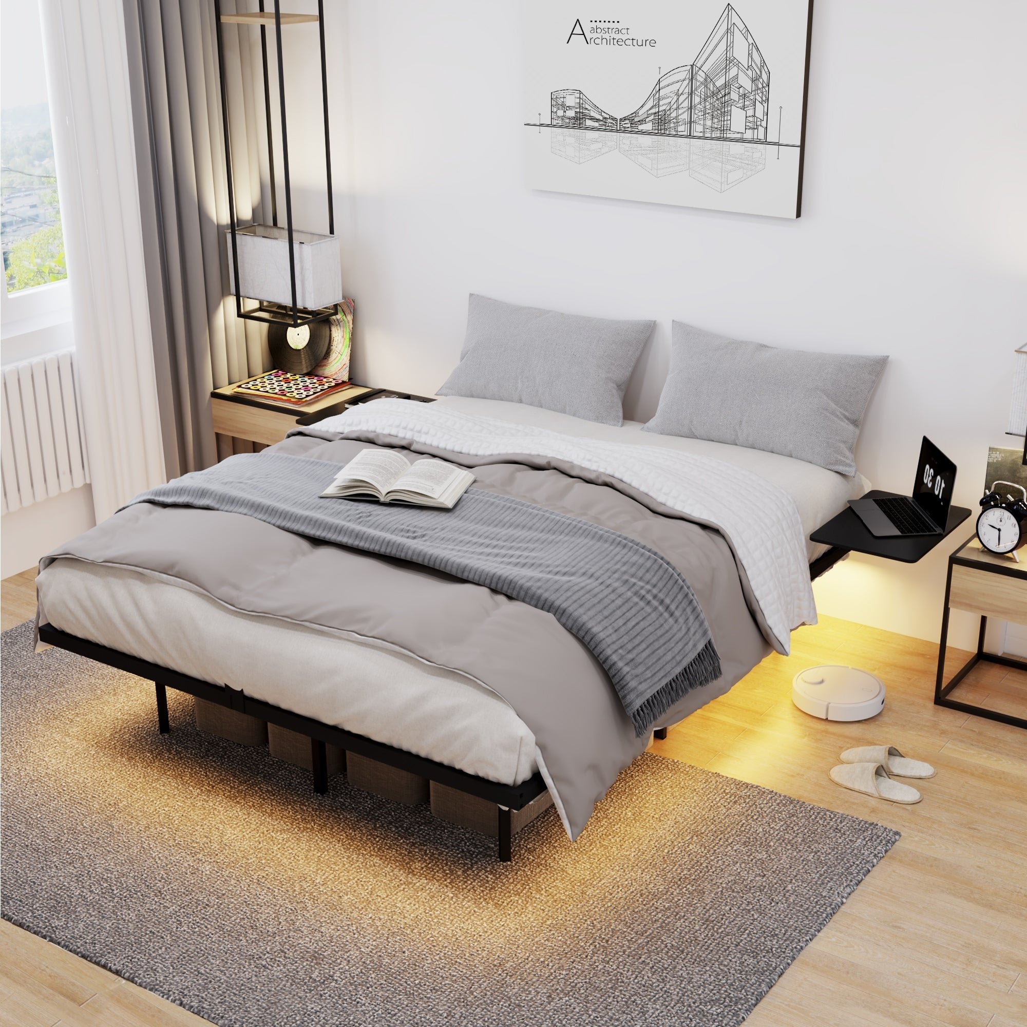 Queen Full Metal Bed Frame With Led Lights Heavy Duty Quiet Easy Assembly