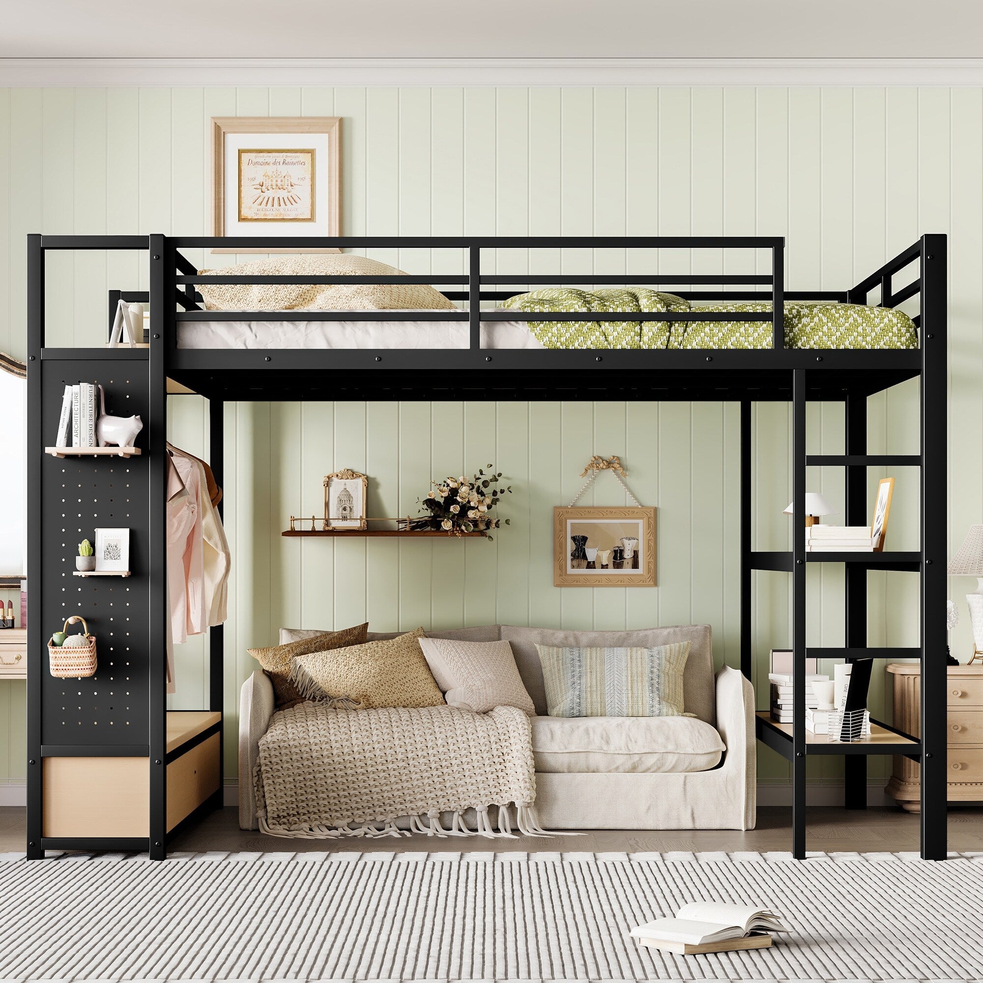 Queen Full Size Loft Bed With Built In Wardrobe Storage Shelves Pegboard All In One Space Saver With Workspace