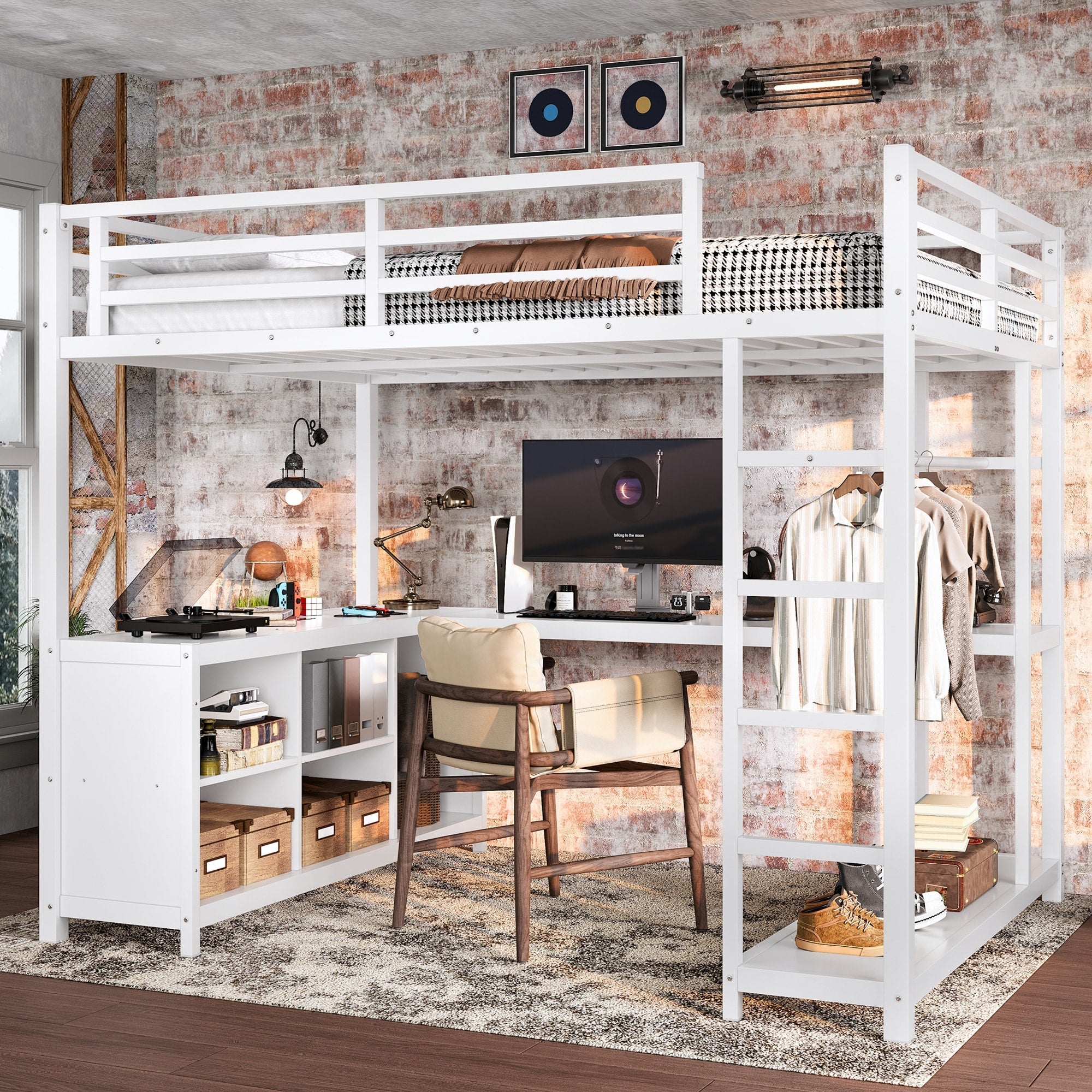 Queen Full Size Loft Bed With Wardrobe L Shaped Desk Storage Shelves Cubes For Kids Teens Adults