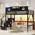 Queen Full Size Metal Loft Bed With Stairs And House Shaped Guardrails High Loft Bed With Built In Wardrobe