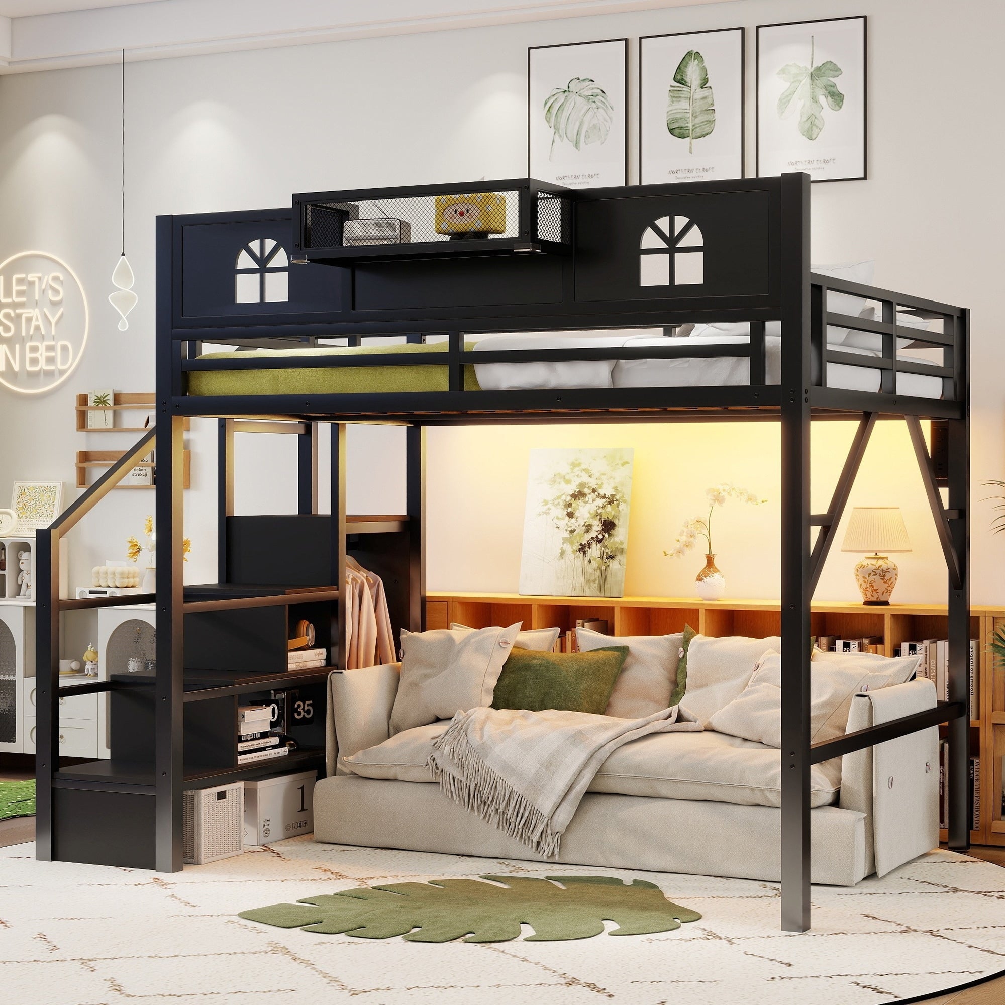 Queen Full Size Metal Loft Bed With Stairs And House Shaped Guardrails High Loft Bed With Built In Wardrobe