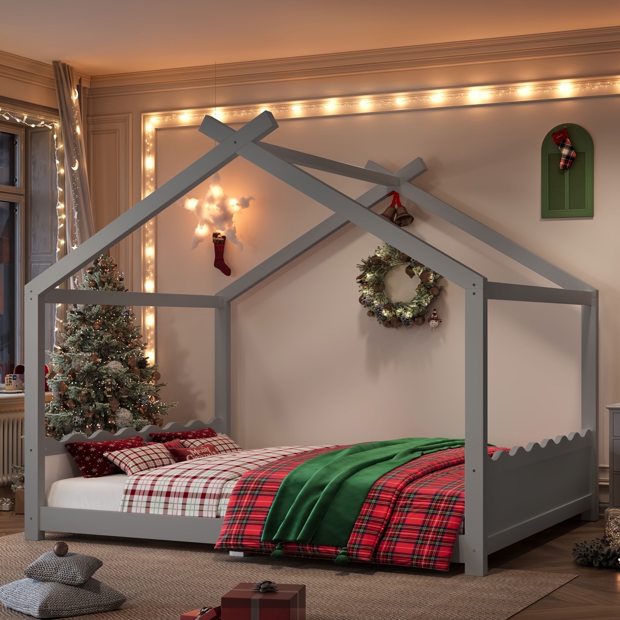 Queen House Floor Bed With Support Slats Solid Wood House Bed Frame For Kids No Box Spring Needed