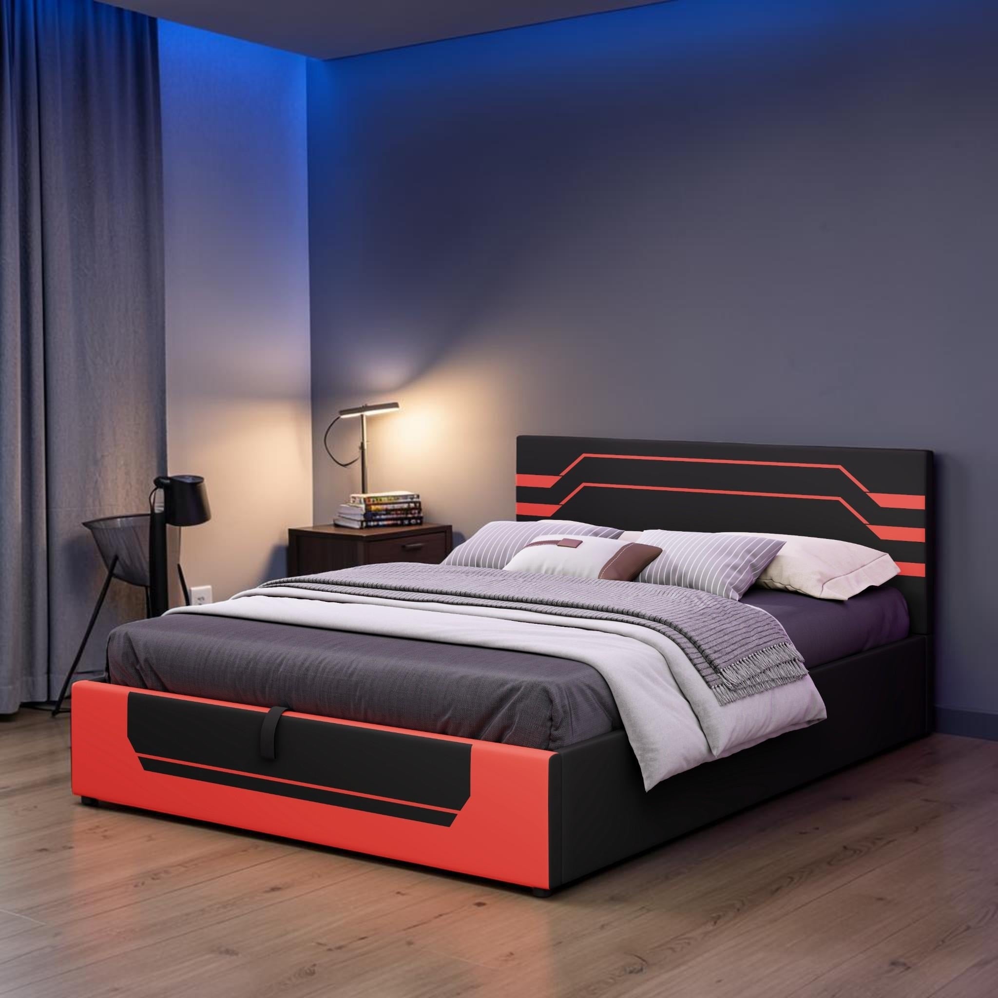 Queen Hydraulic Storage Bed Frame Gaming Platform Bed With Upholstered Headboard No Box Spring