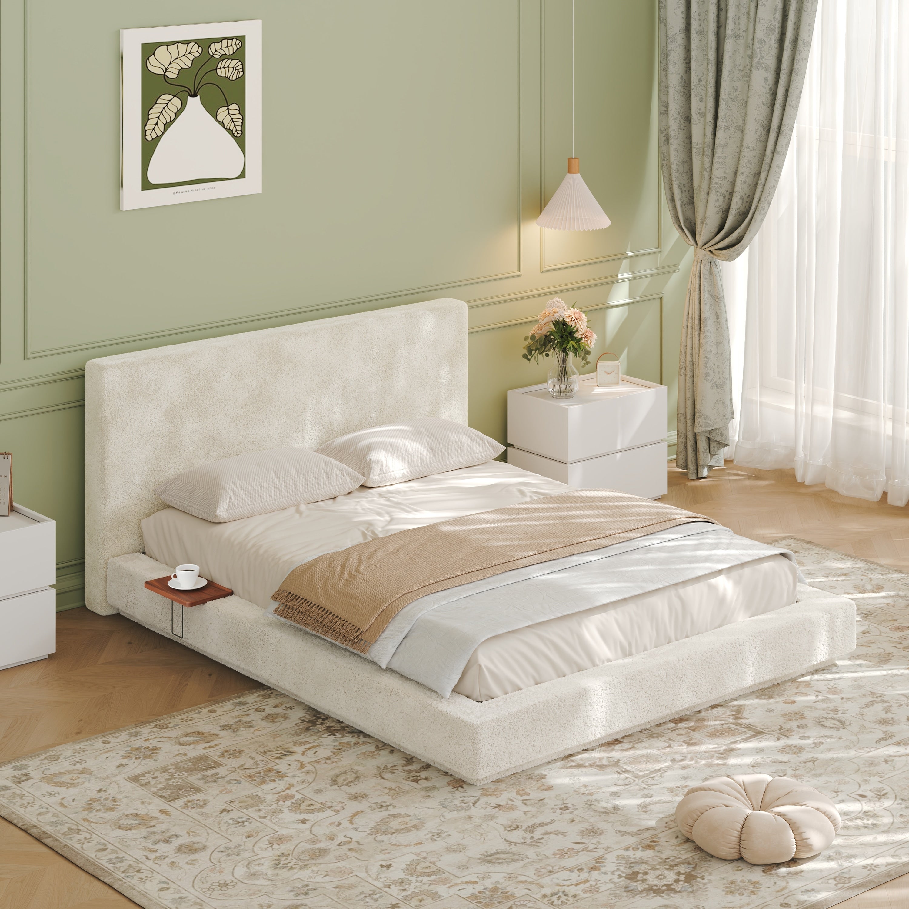 Queen King Bed Frame With Adjustable Side Tables Cloud Upholstered Cushion