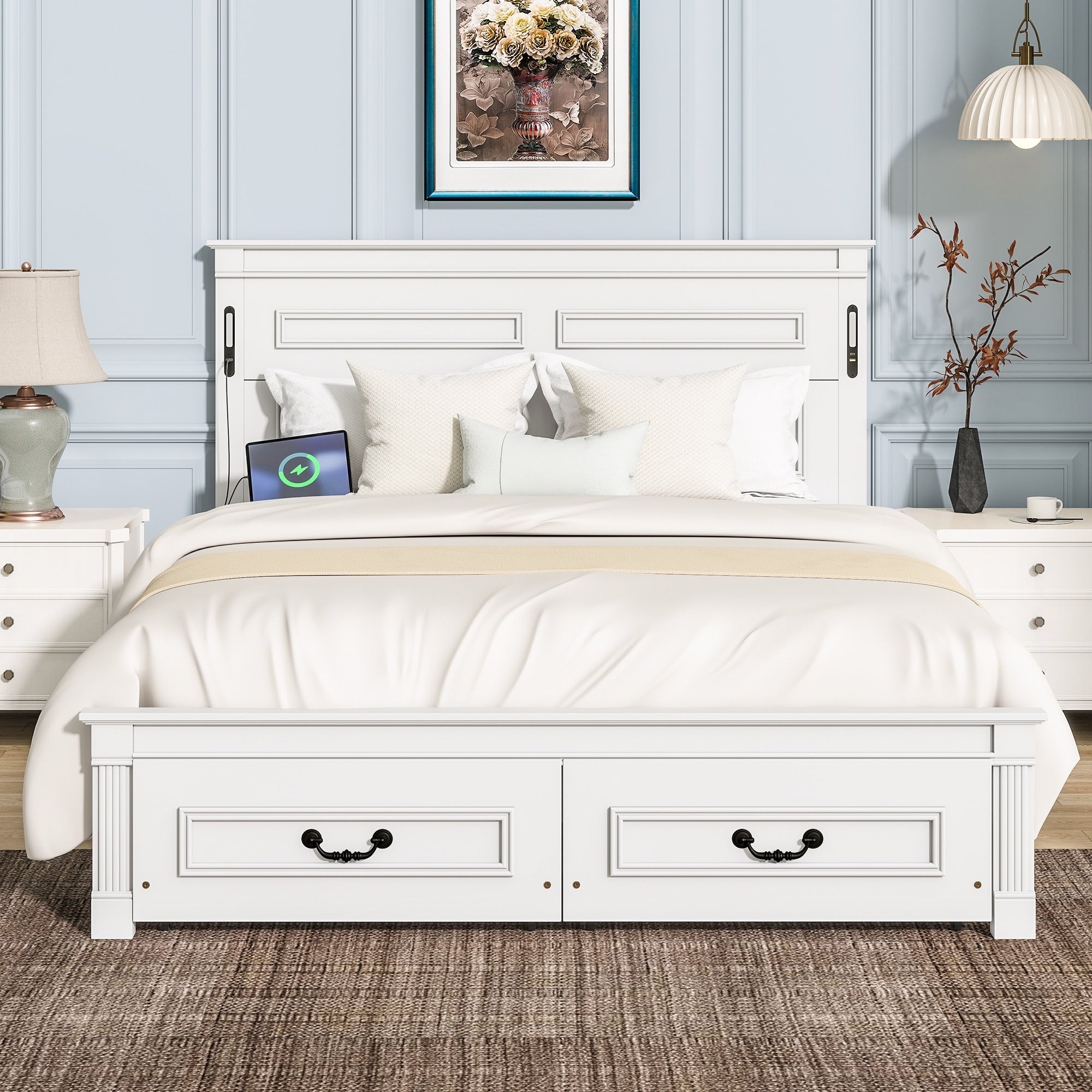 Queen King Bed With Led Lights Usb Charging Station 2 Storage Drawers