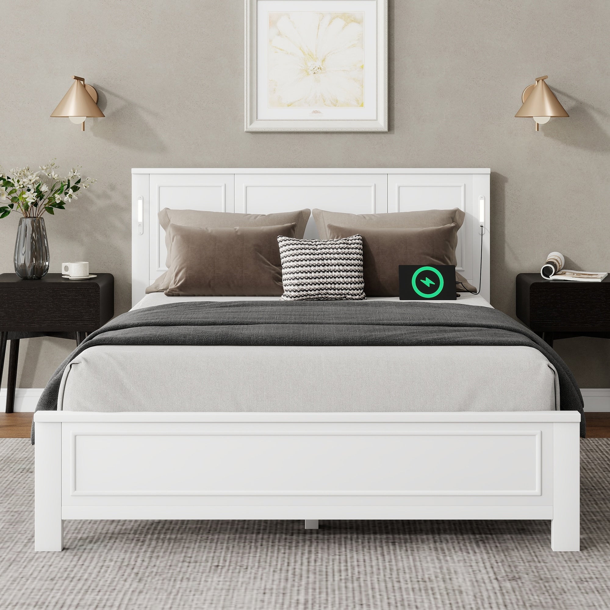 Queen King Bed With Tall Panel Headboard Pinewood Frame Led Lights Usb Ports