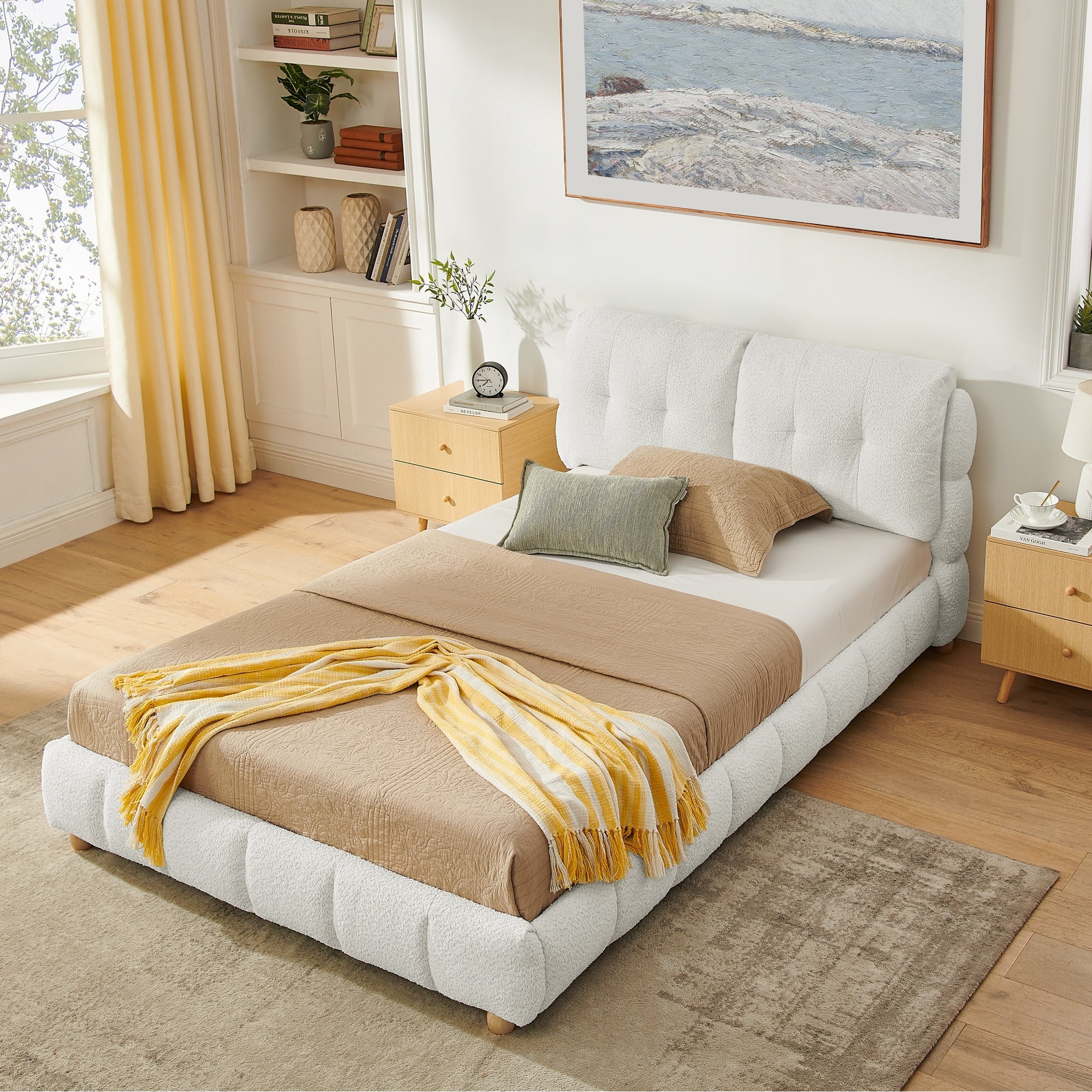 Queen King Boucl Fabric Platform Bed With Tufted Cloud Headboard