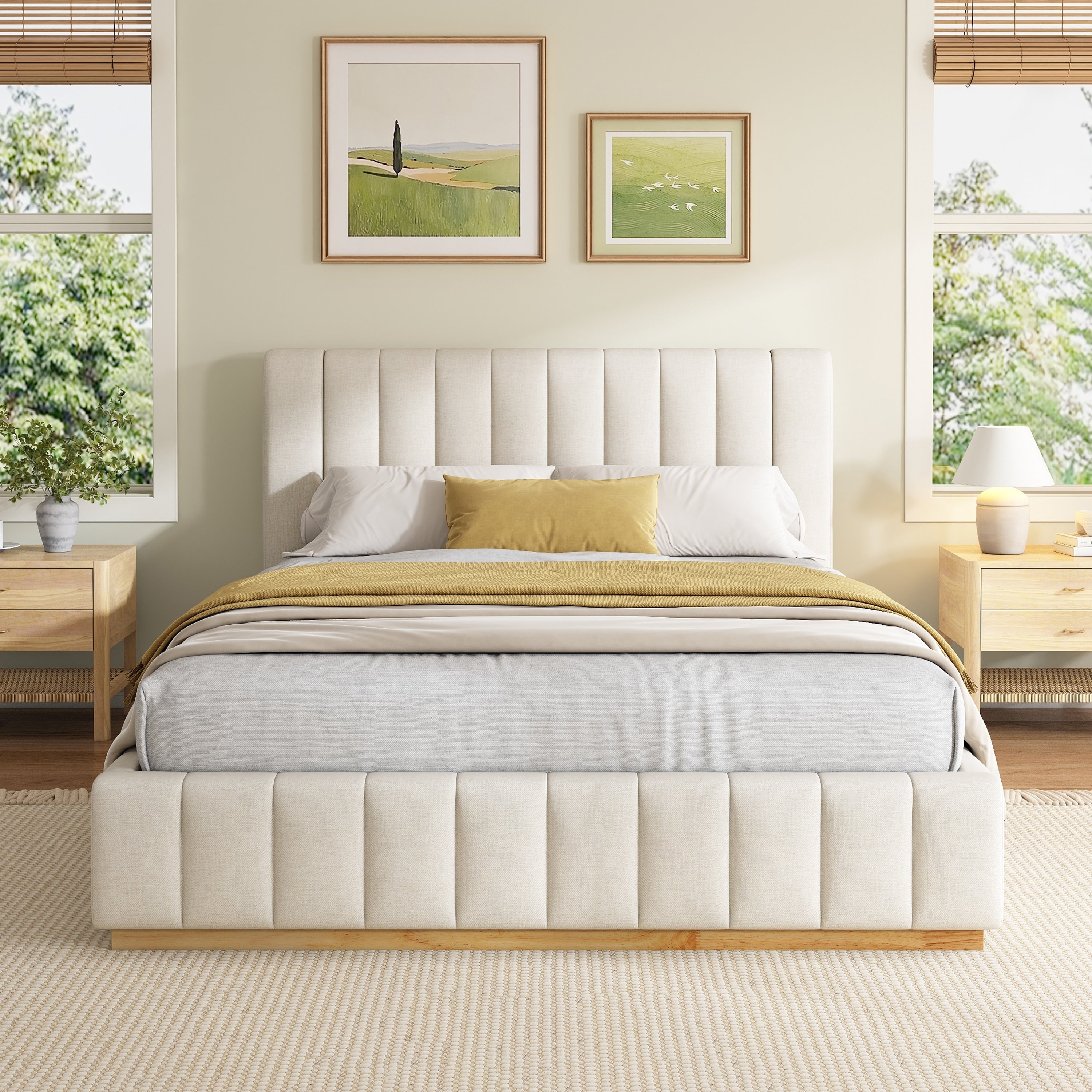 Queen King Size Modern Minimalist Striped Fabric Bed With Padded Headboard