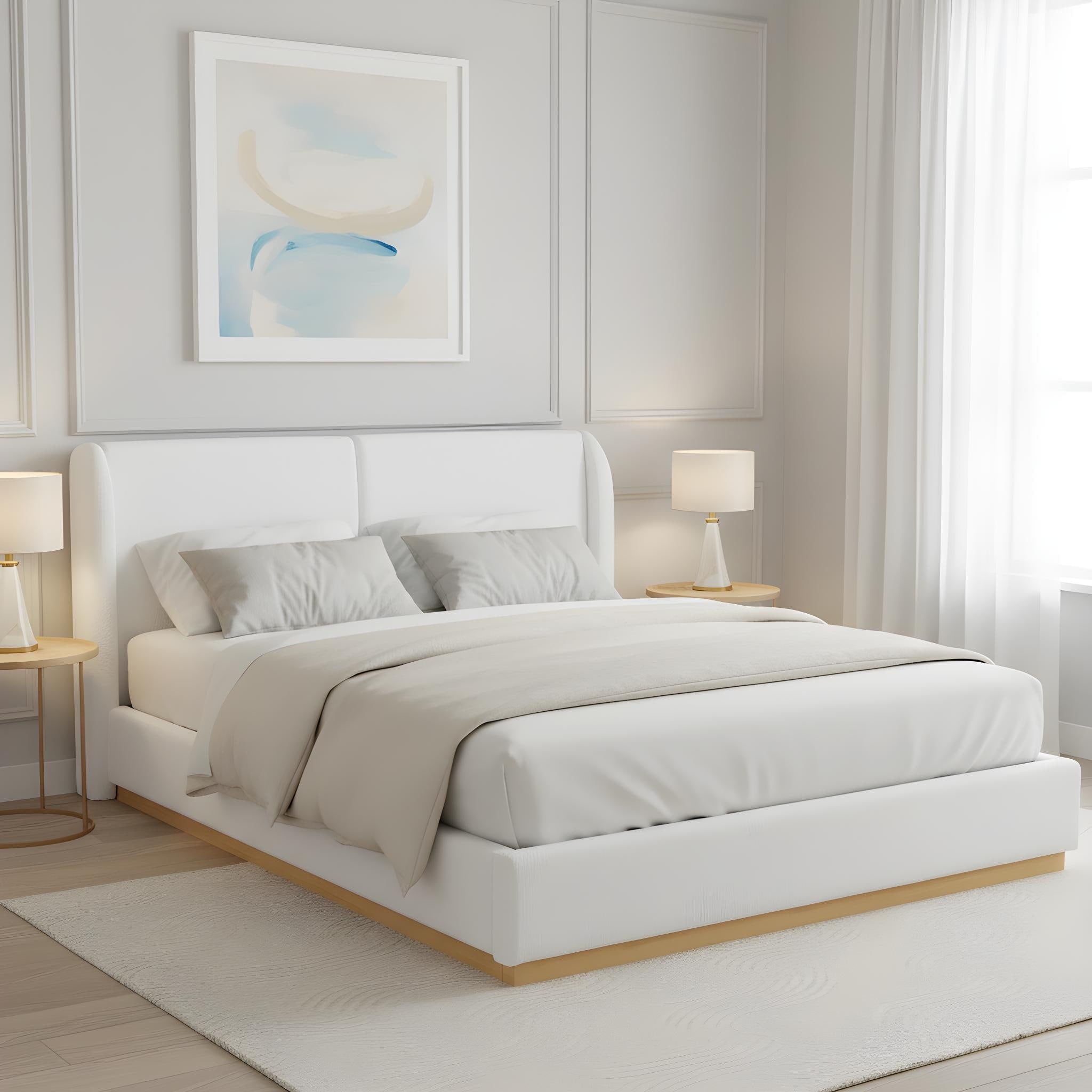 Queen King Size Modern White Boucl Bed With Winged Headboard Wood Base