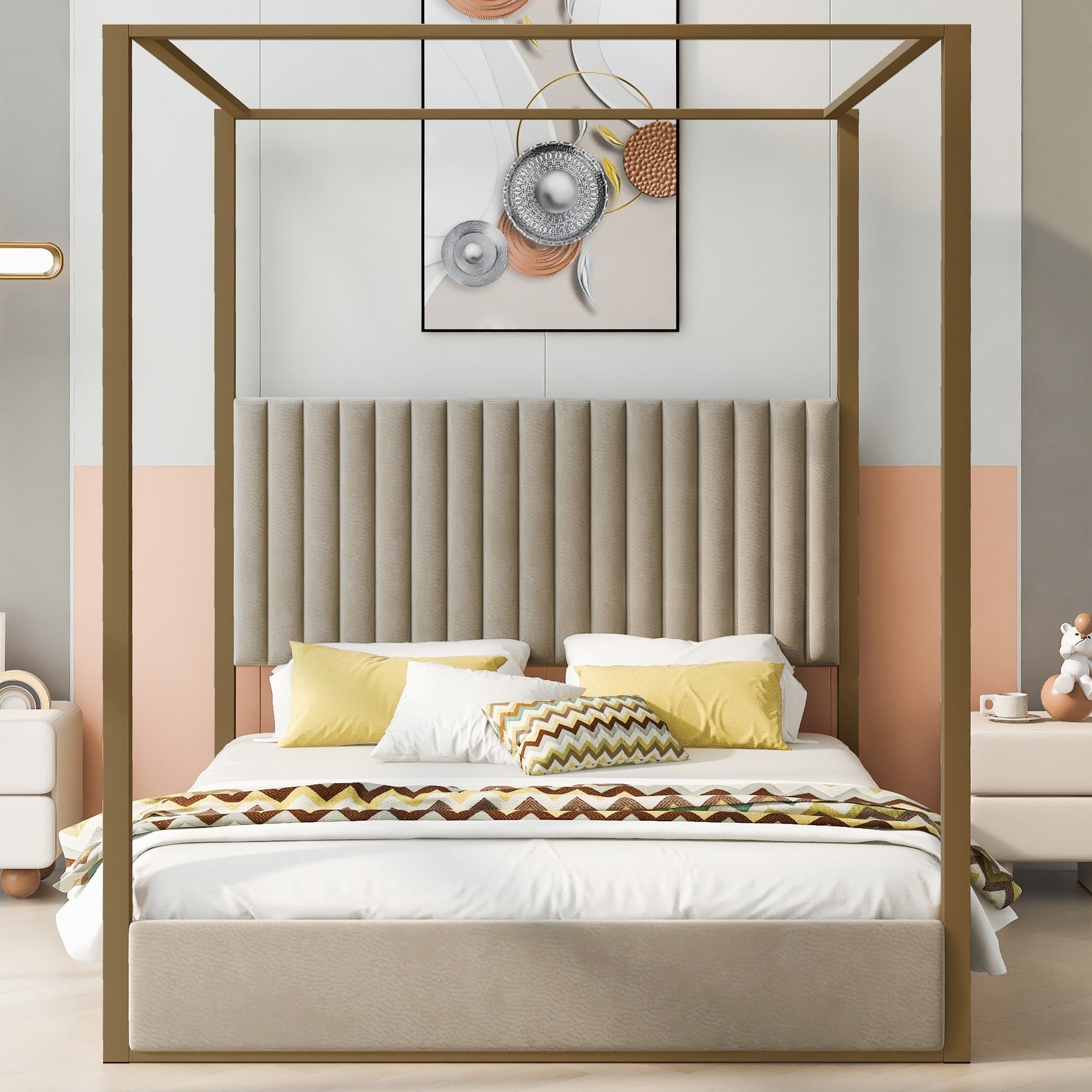 Queen King Upholstery Canopy Bed With Headboard Metal Frame Modern Style