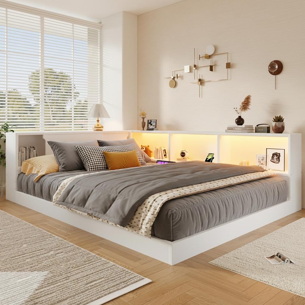 Queen L Shape Storage Daybed With Led Shelf Hidden Slide Cabinet Built In Usb Power Hub By Harper Bright Designs