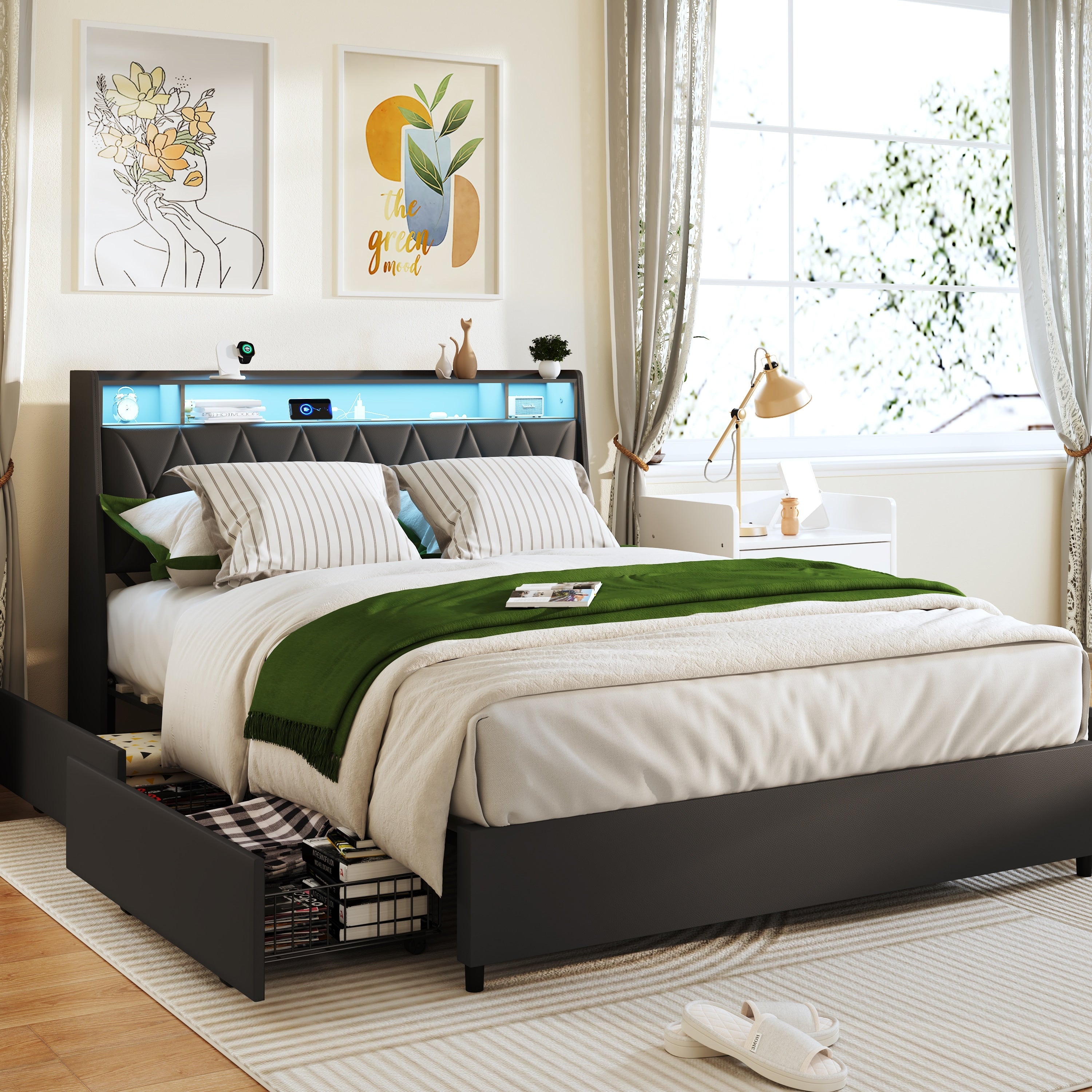 Queen Led Platform Bed Frame With Usb Headboard Charging Ports Storage Shelf