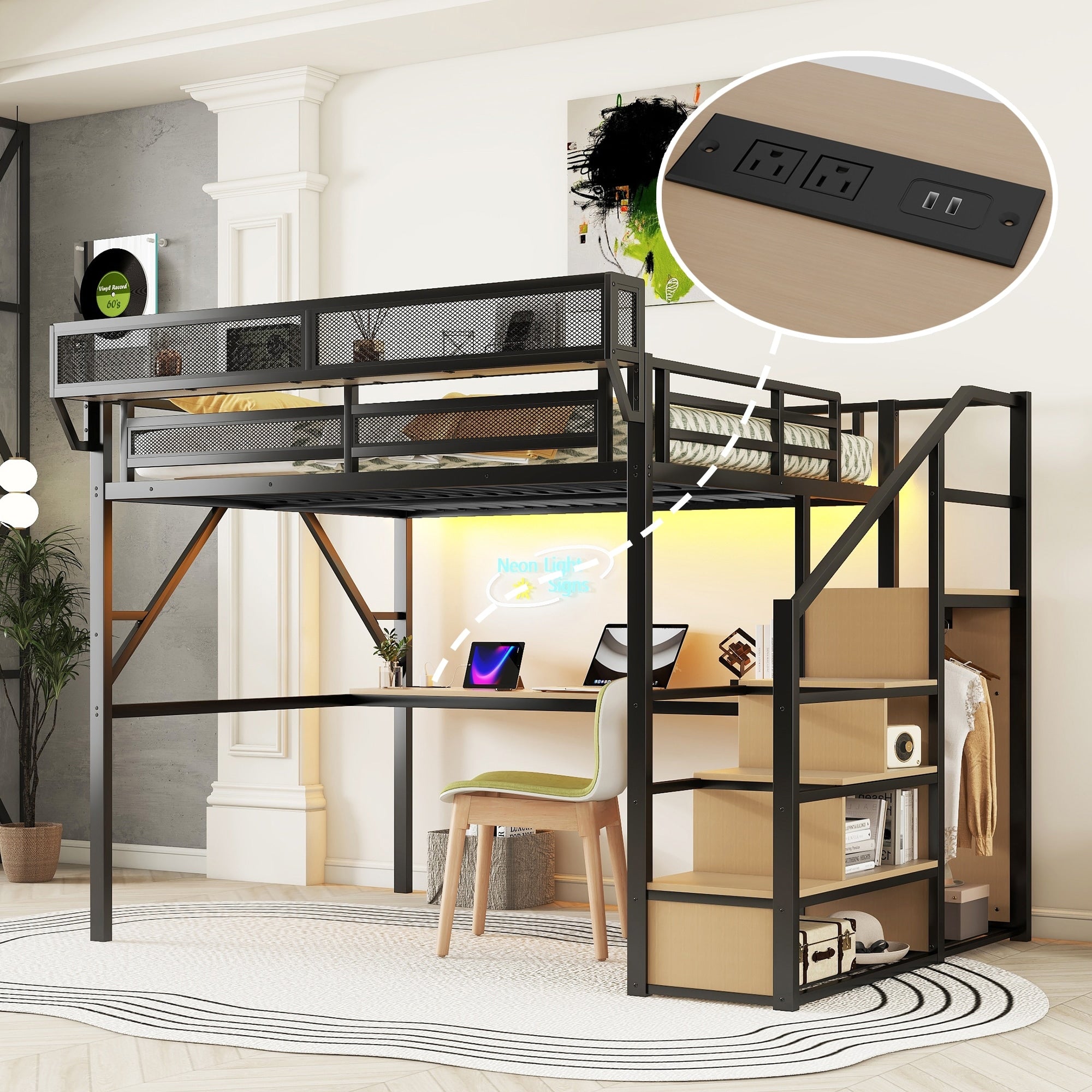 Queen Loft Bed With Desk And Charging Station Queen Size Metal Loft Bed With Stairs And Light For Kids Teens