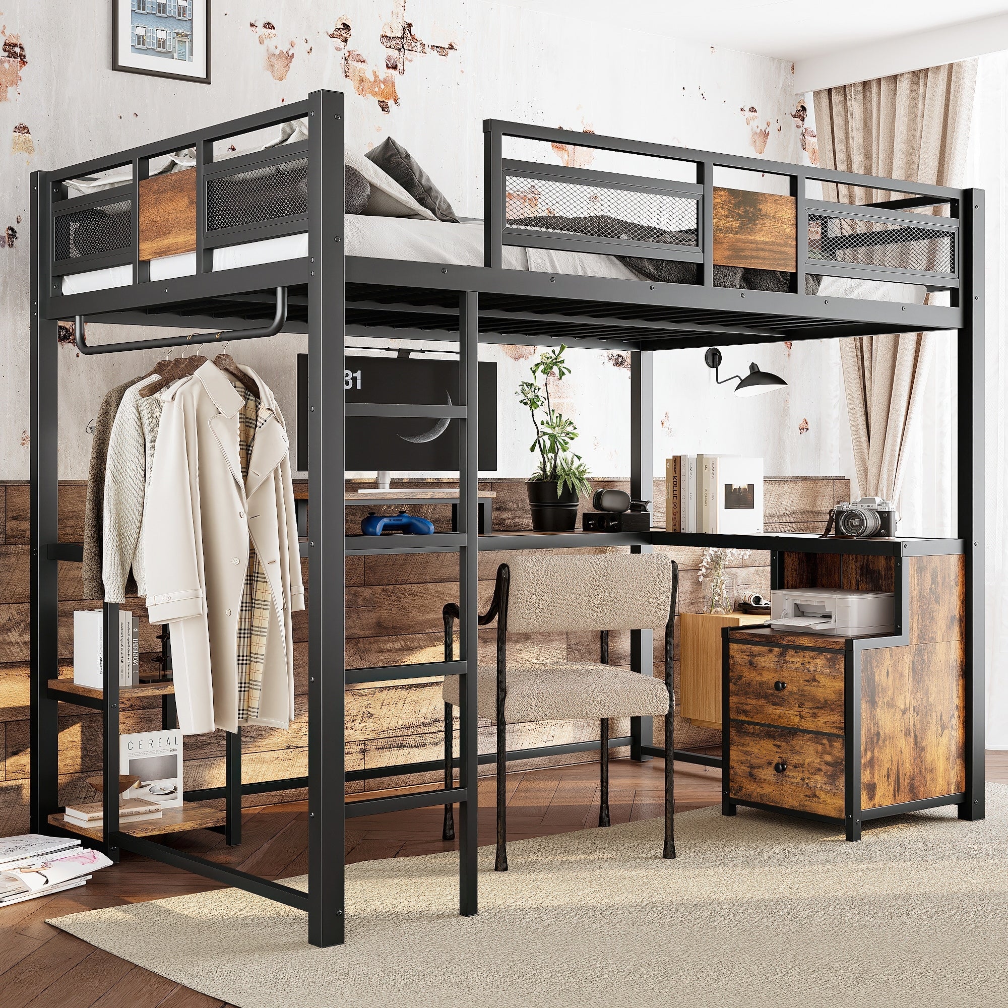 Queen Loft Bed With Desk And Storage Metal Frame No Box Spring Needed