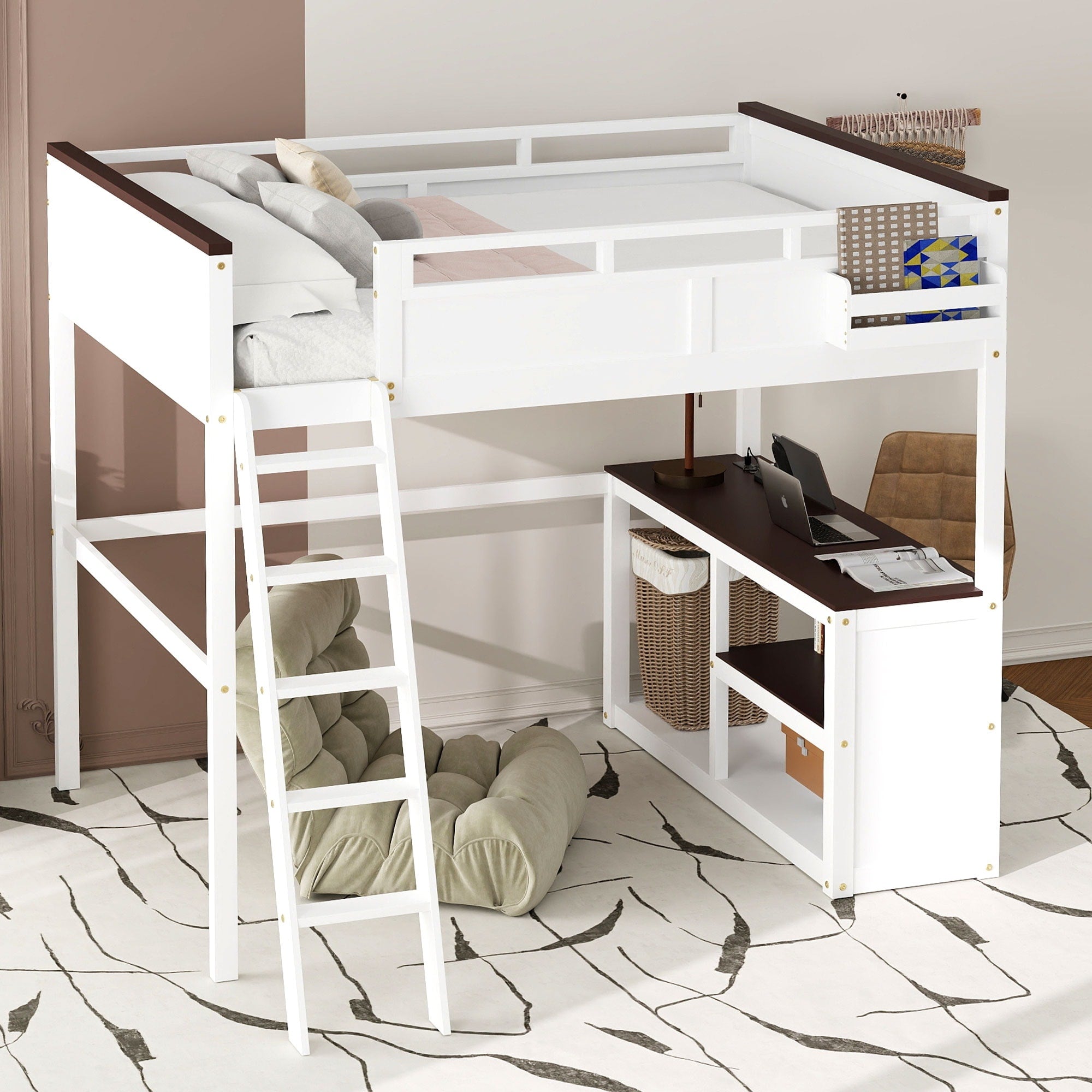 Queen Loft Bed With Desk Storage Box Usb Charging And Shelves