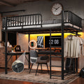 Queen Loft Bed With L Shaped Desk Led Light Strip And Charge Station Loft Bed With Computer Mainframe Tray And Hanging Area