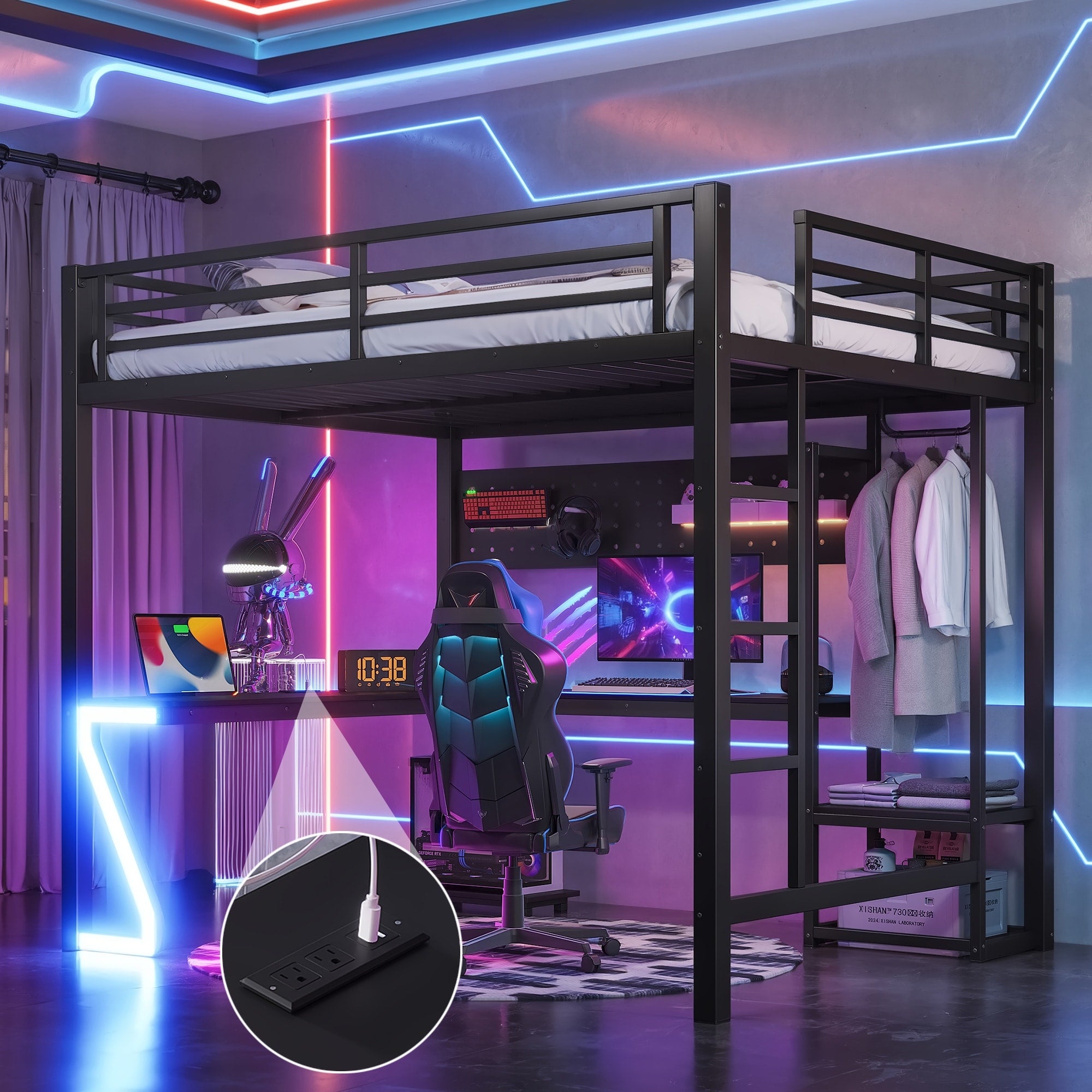 Queen Loft Bed With L Shaped Desk And Usb Ports Metal Loft Bed With Computer Tray Peg Board And Gaming Style Z Shaped Lights