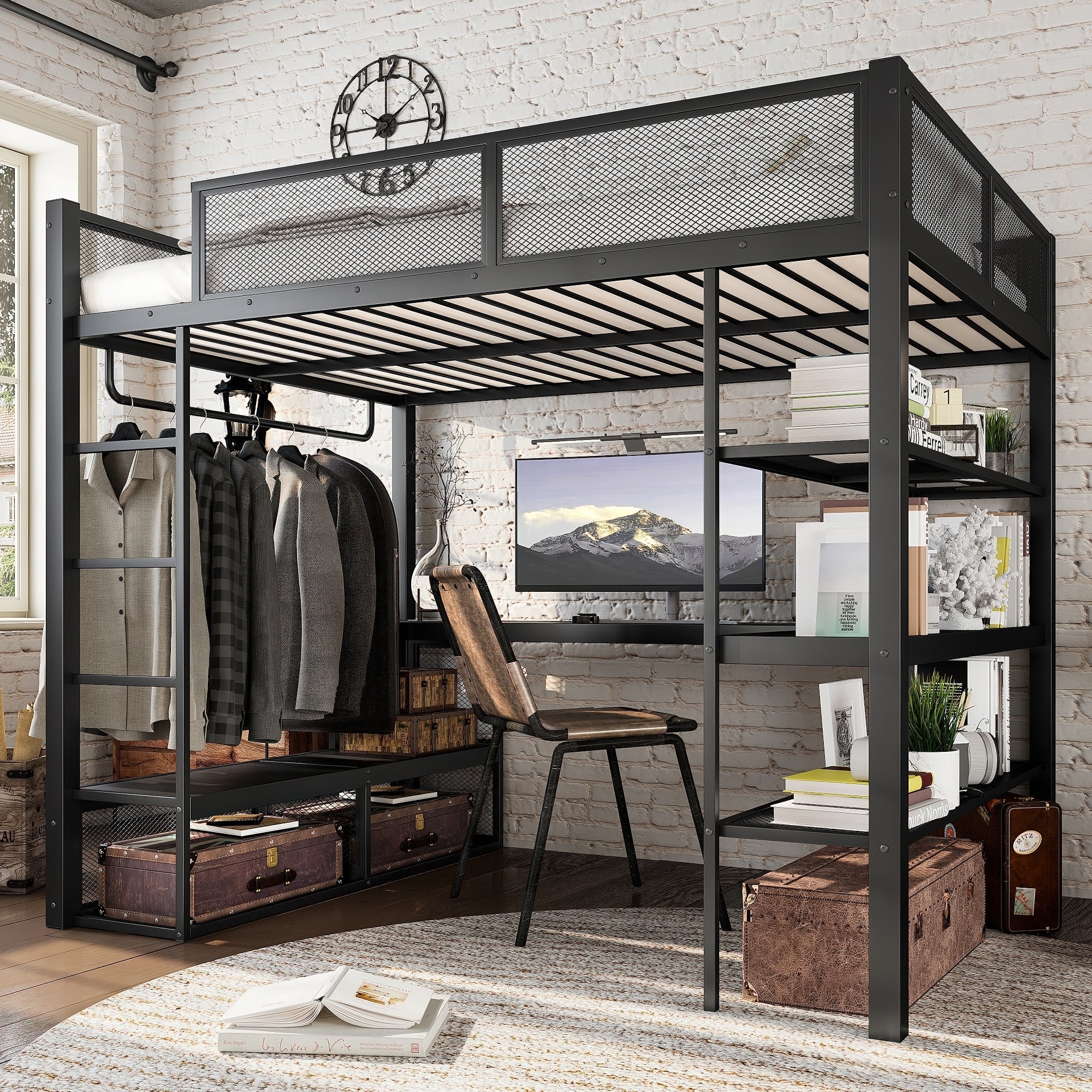 Queen Loft Bed With Metal Frame Desk Shelves And Hanging Rod