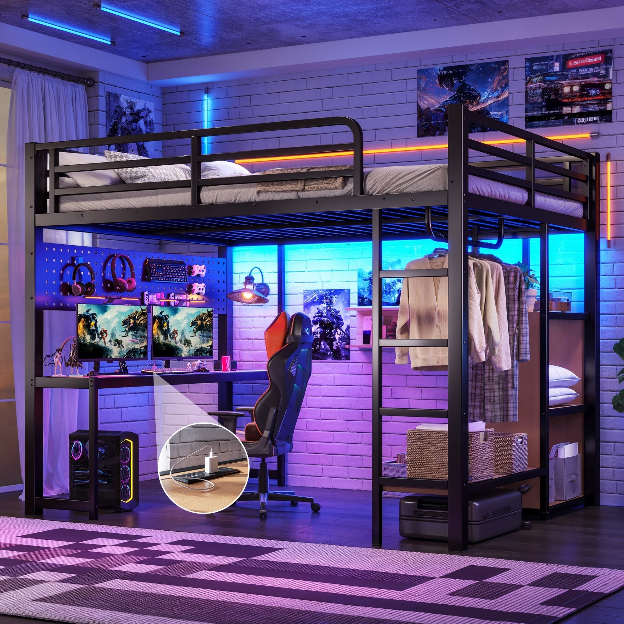 Queen Loft Bed With Storage Shelves And Desk Metal Loft Bed With Usb Ports Lights And Hanging Rod Cave Board Design Black