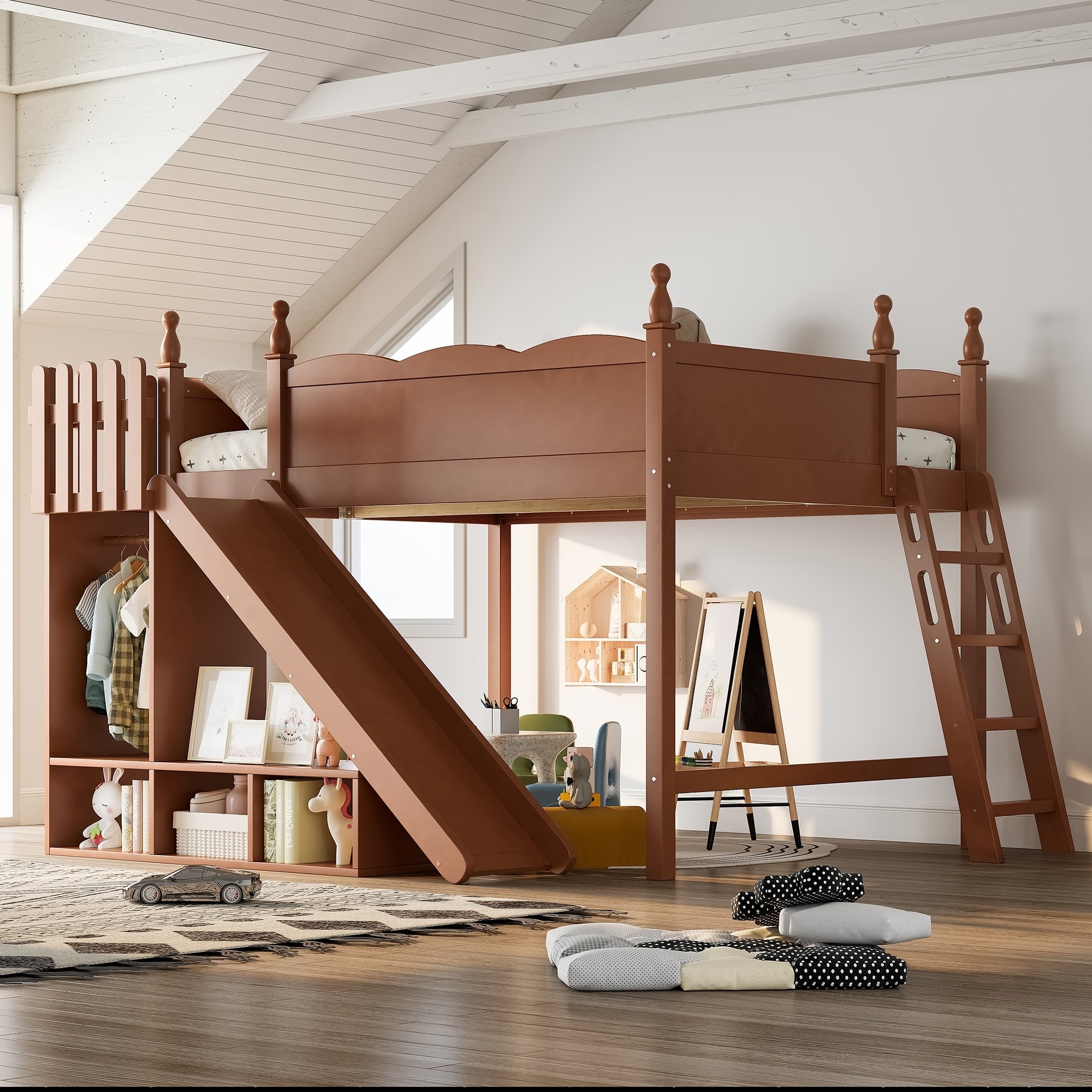 Queen Loft Bed With Storage Shelves And Wardrobe Solid Wood Loft Beds With Detachable Slide And Ladders No Spring Box Needed