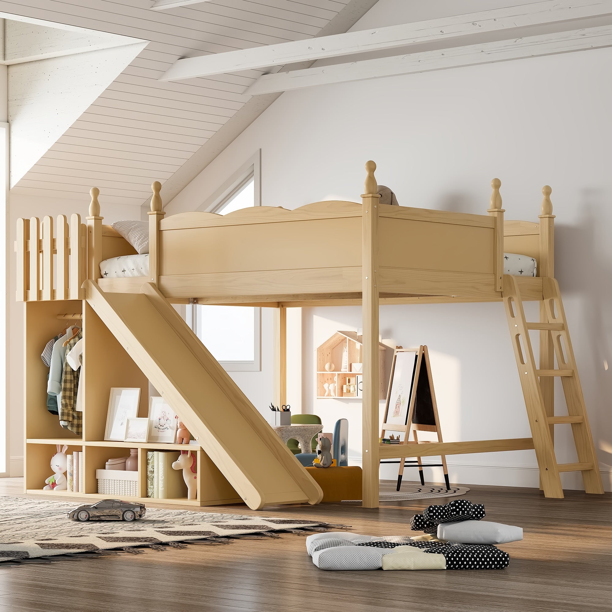 Queen Loft Bed With Storage Shelves And Wardrobe Solid Wood Loft Beds With Detachable Slide And Ladders No Spring Box Needed