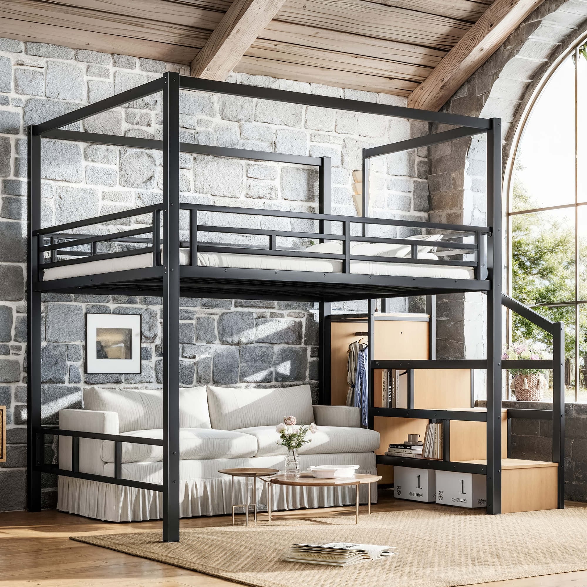 Queen Loft Bed With Storage Stairs And Wardrobe Metal Loft Bed With Canopy Frame Ample Underbed Spaces Design Black