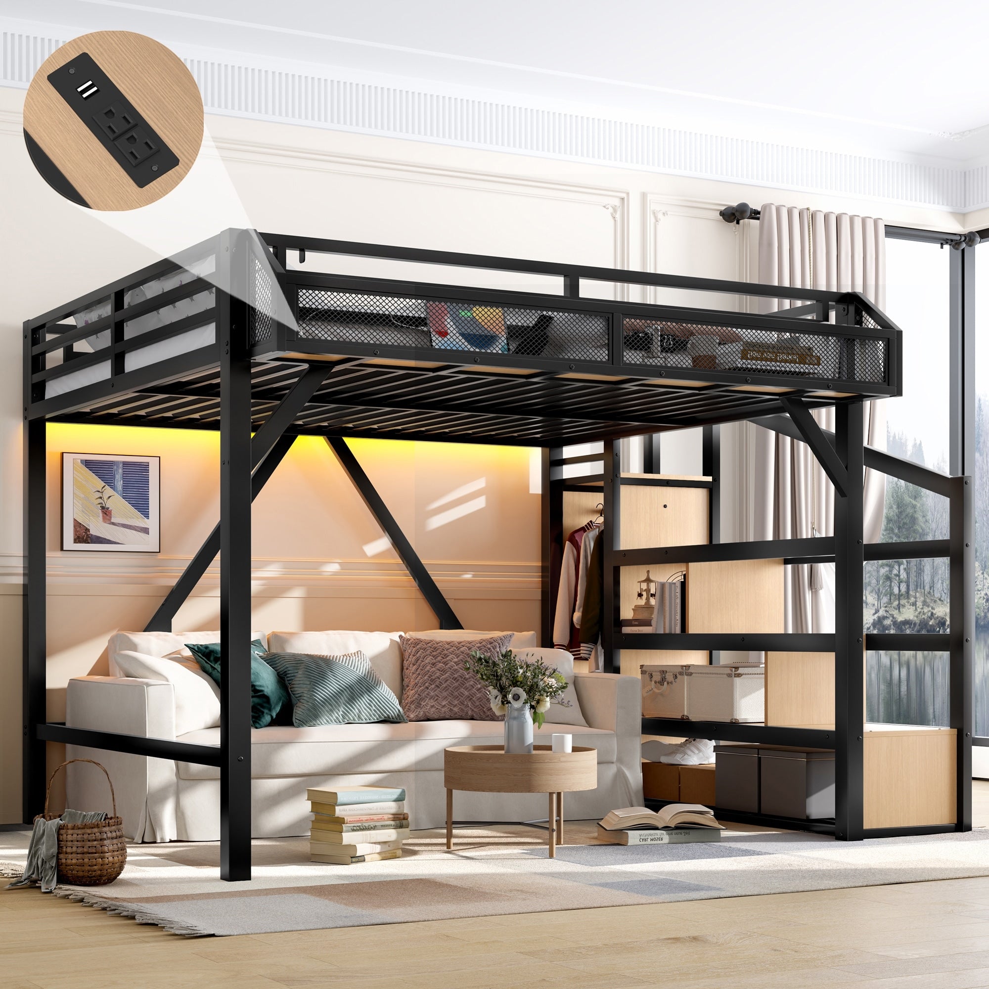 Queen Loft Bed With Wardrobe Storage Stairs Metal Frame With Usb Ports Led Lights