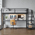 Queen Metal Loft Bed With Desk And Storage Stairs Led Lights Usb Ports Noise Free Design