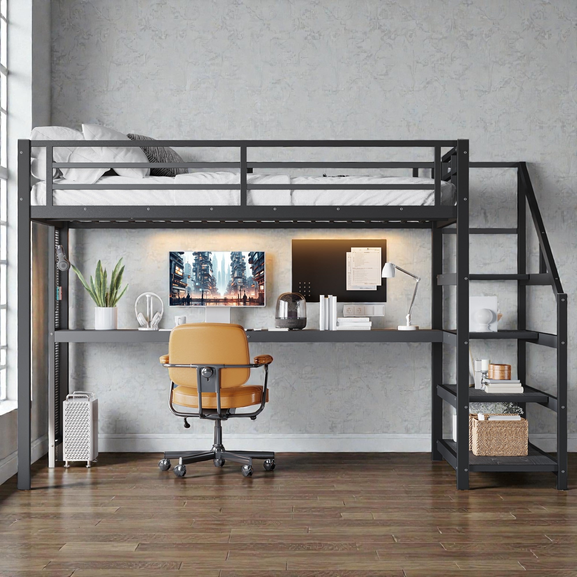Queen Metal Loft Bed With Desk And Storage Stairs Led Lights Usb Ports Noise Free Design