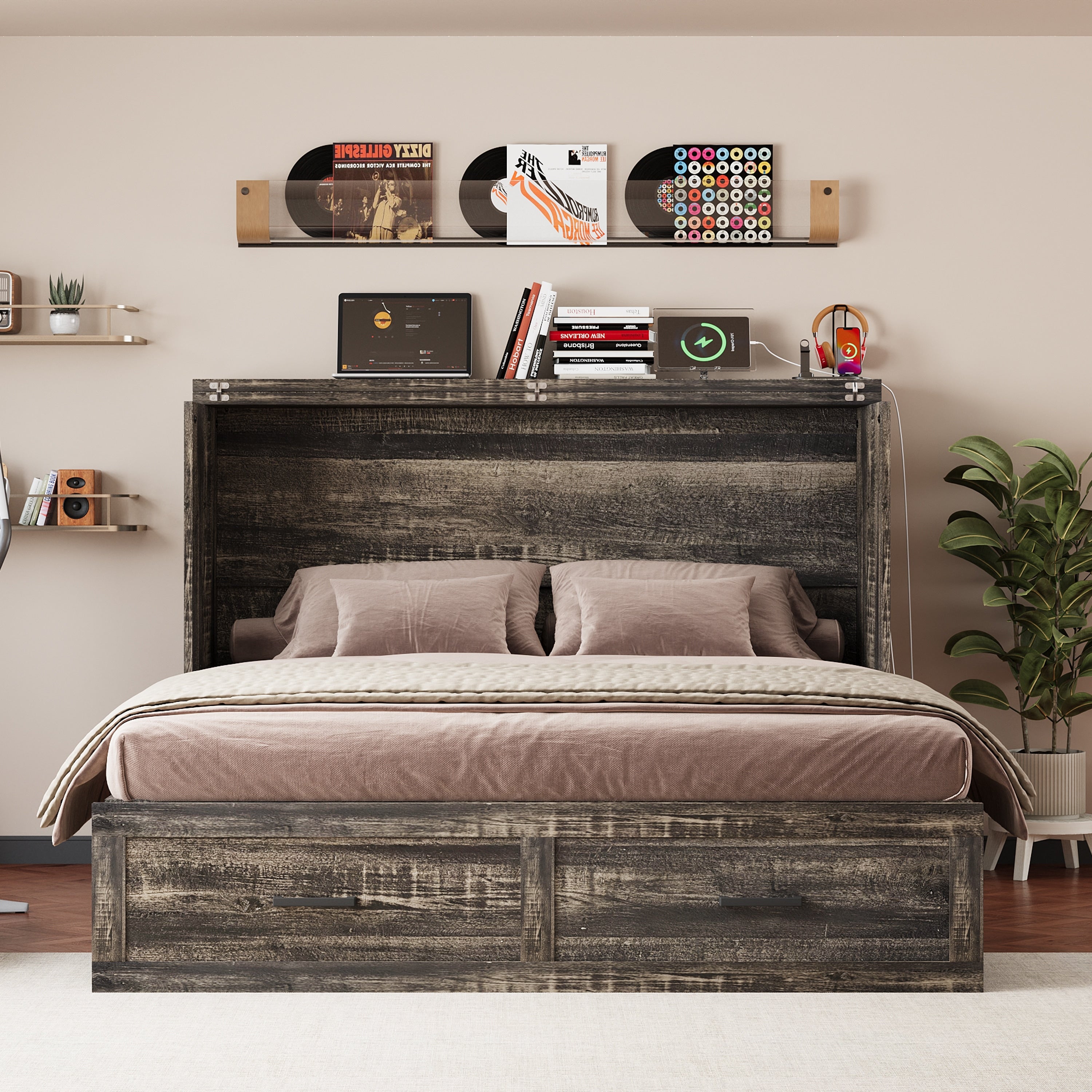 Queen Murphy Bed Frame With Charging Station Storage Drawer