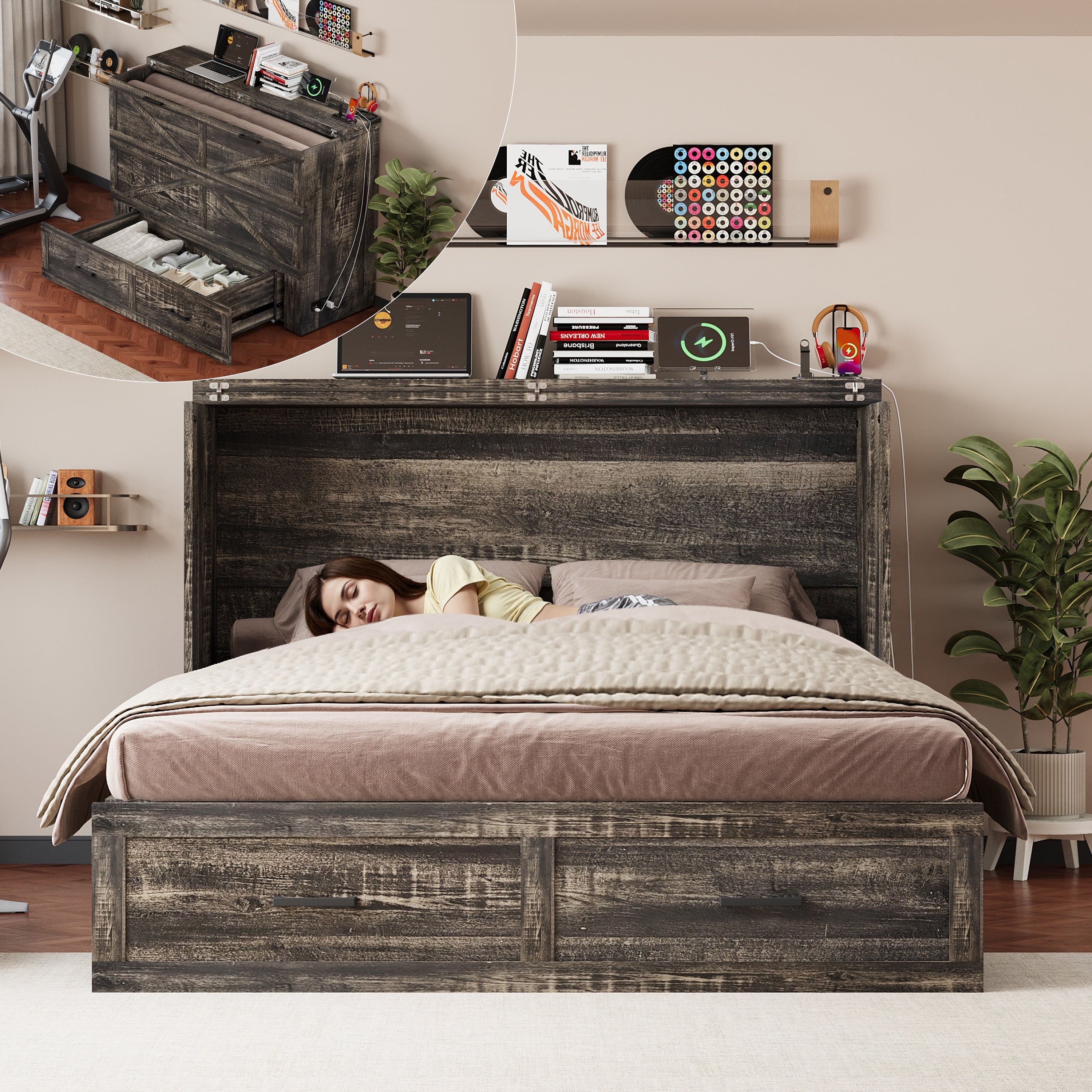Queen Murphy Bed With Charging Station Large Storage Drawer Farmhouse Cabinet Hideaway Bed For Guest Room