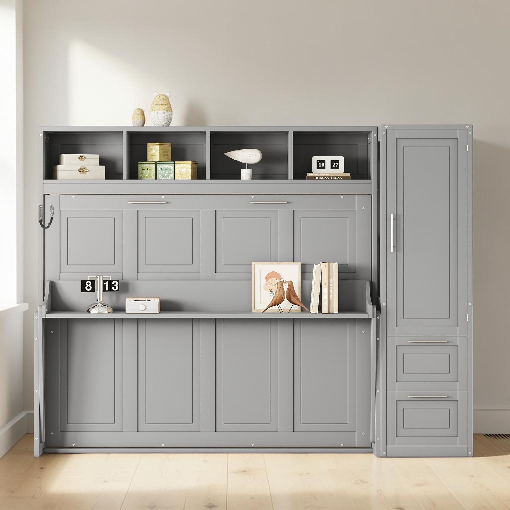 Queen Murphy Bed With Closet And Drawers Wall Bed Cabinet With Storage Shelves Space Saving Design