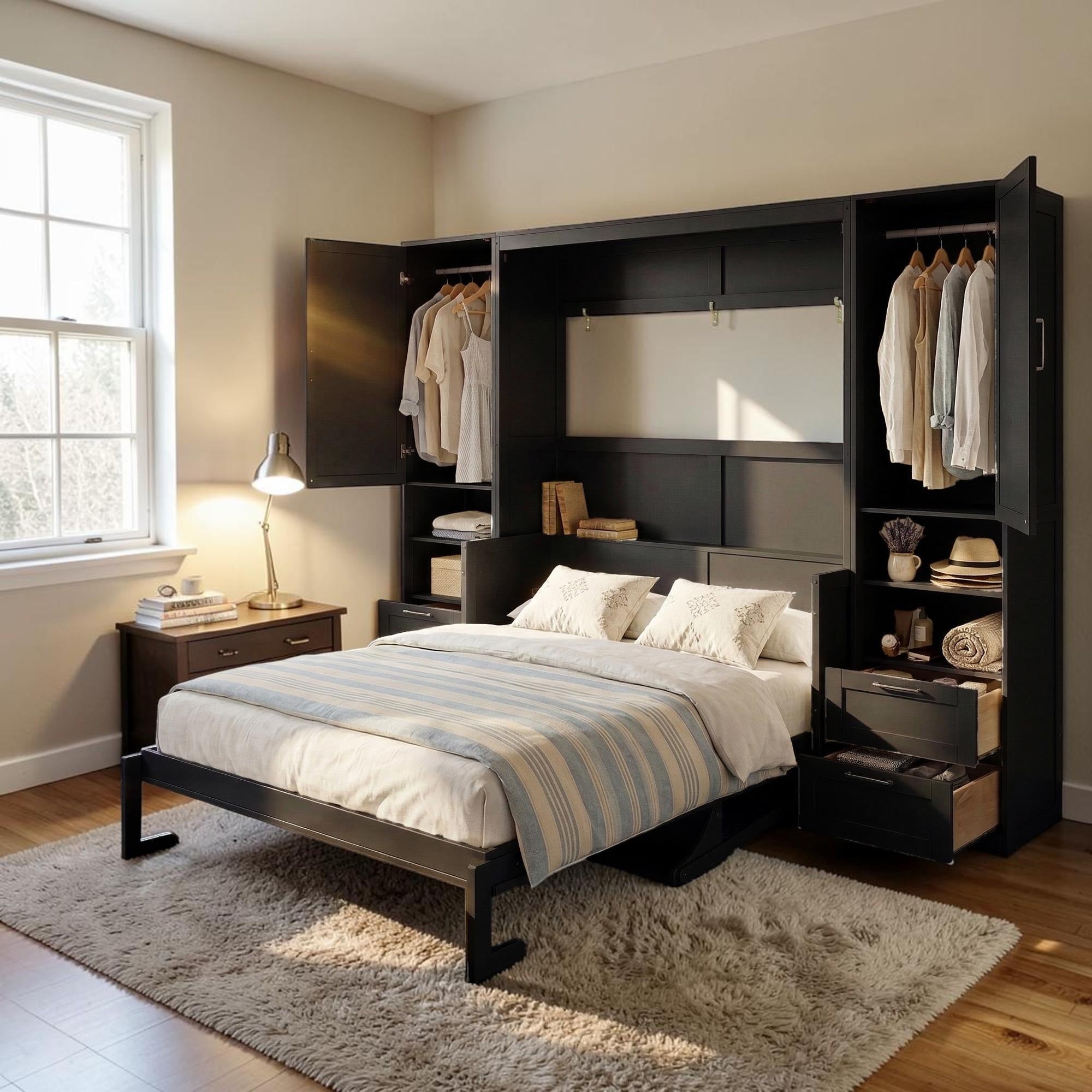 Queen Murphy Bed With Closet And Drawers Wall Bed With Shelves Space Saving Foldable Bed Frame