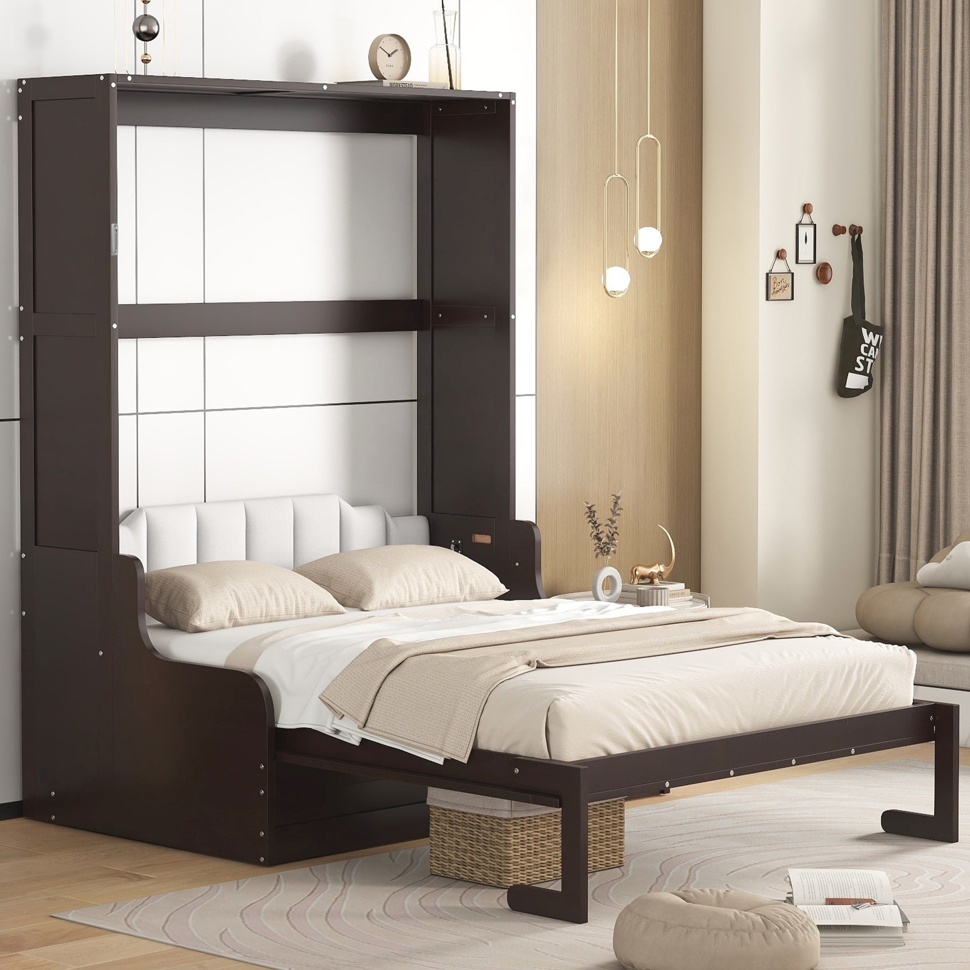 Queen Murphy Bed With Cushioned Headboard Upholstered Wall Bed For Added Comfort Space Saving Foldable Bed