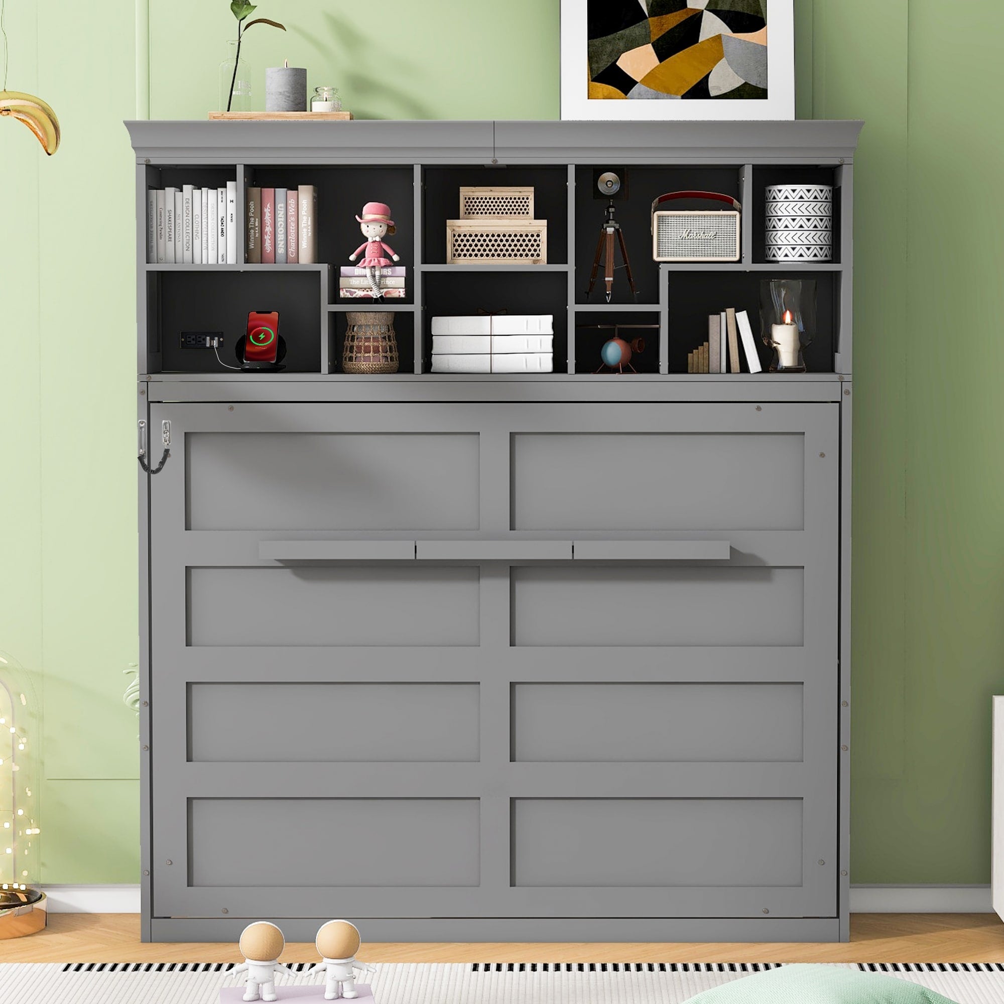 Queen Murphy Bed With Foldable Design Top Shelves And Usb Convenient Storage