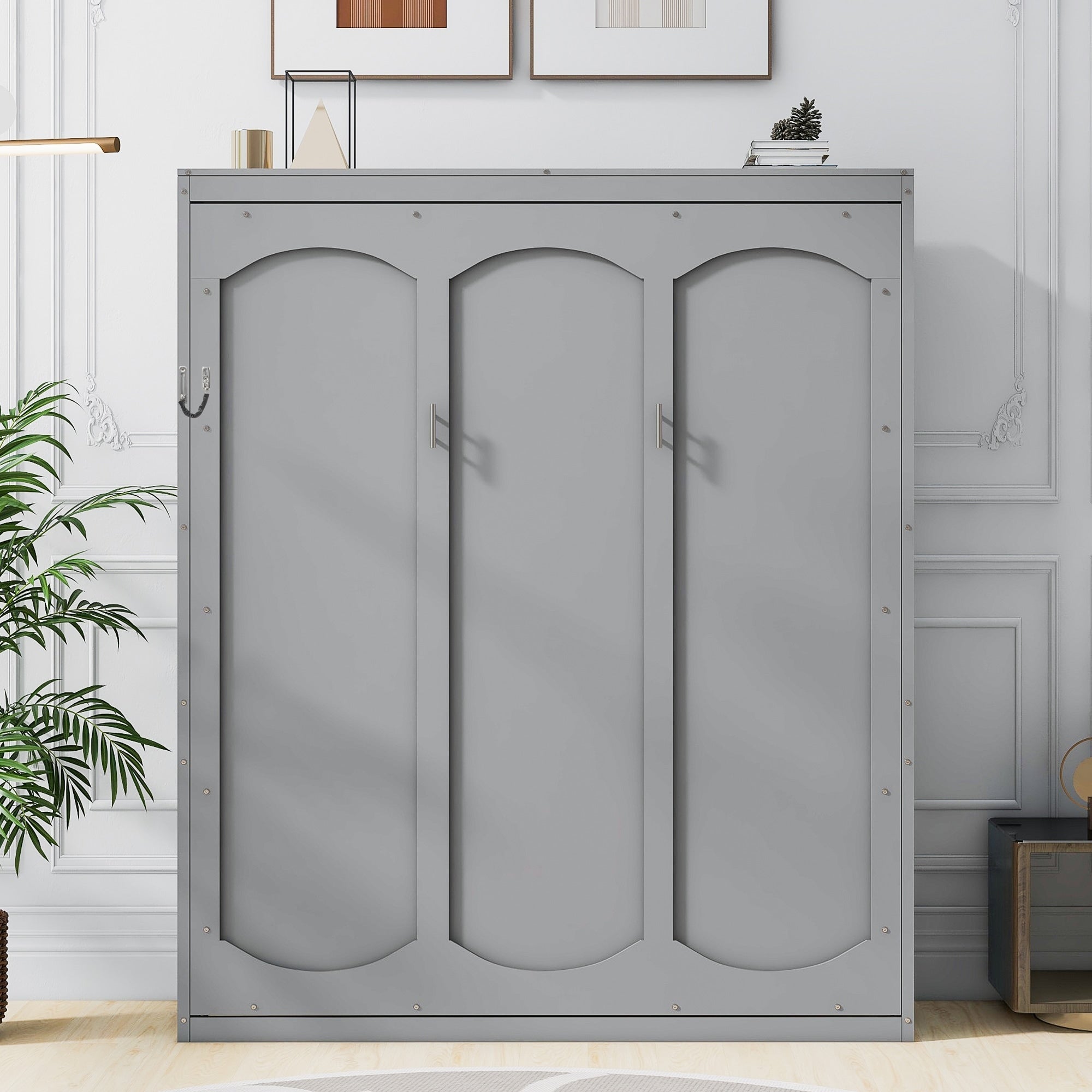 Queen Murphy Bed With Shelves And Two Layer Storage Cabinet Mdf Frame