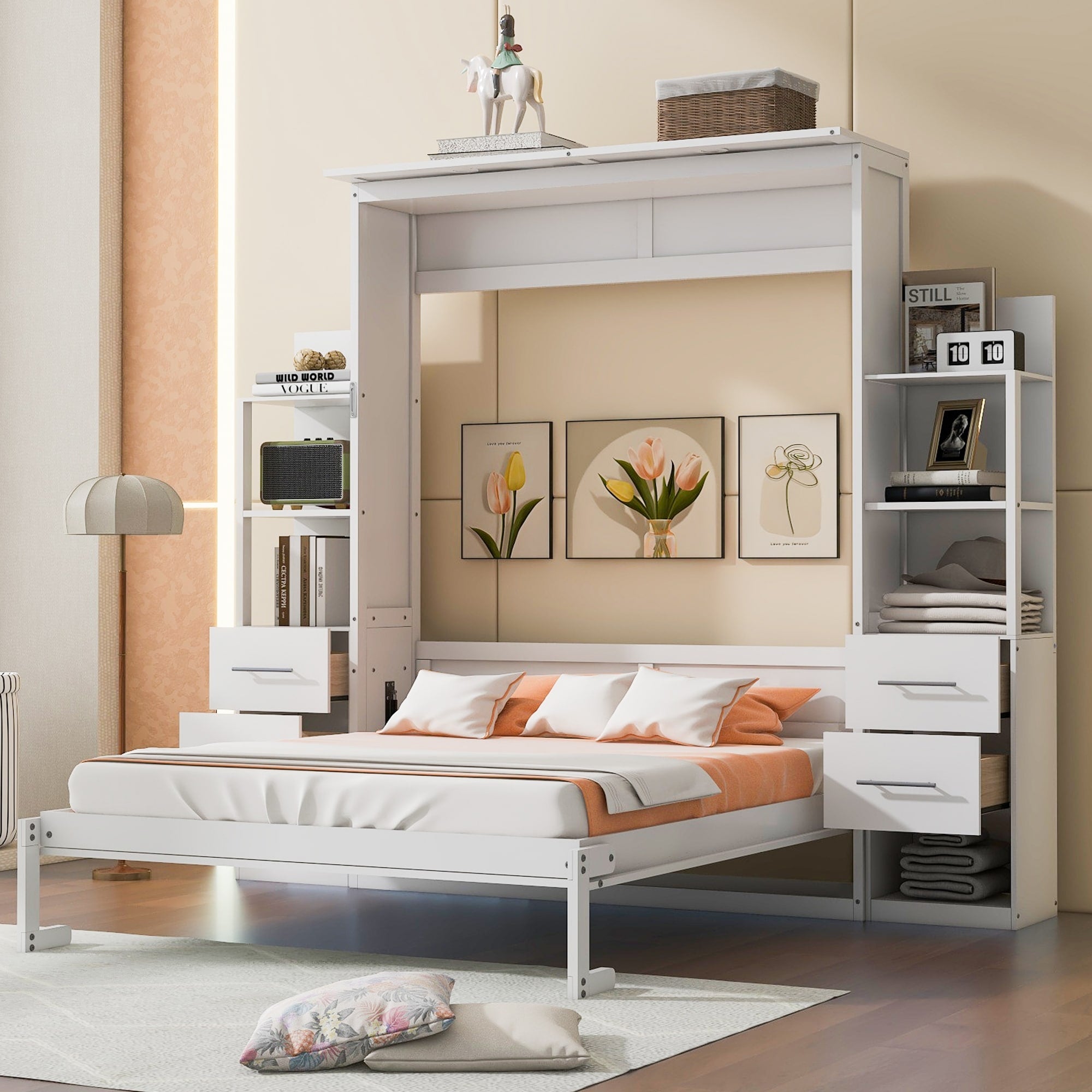 Queen Murphy Bed With Shelves Drawers Led Lights