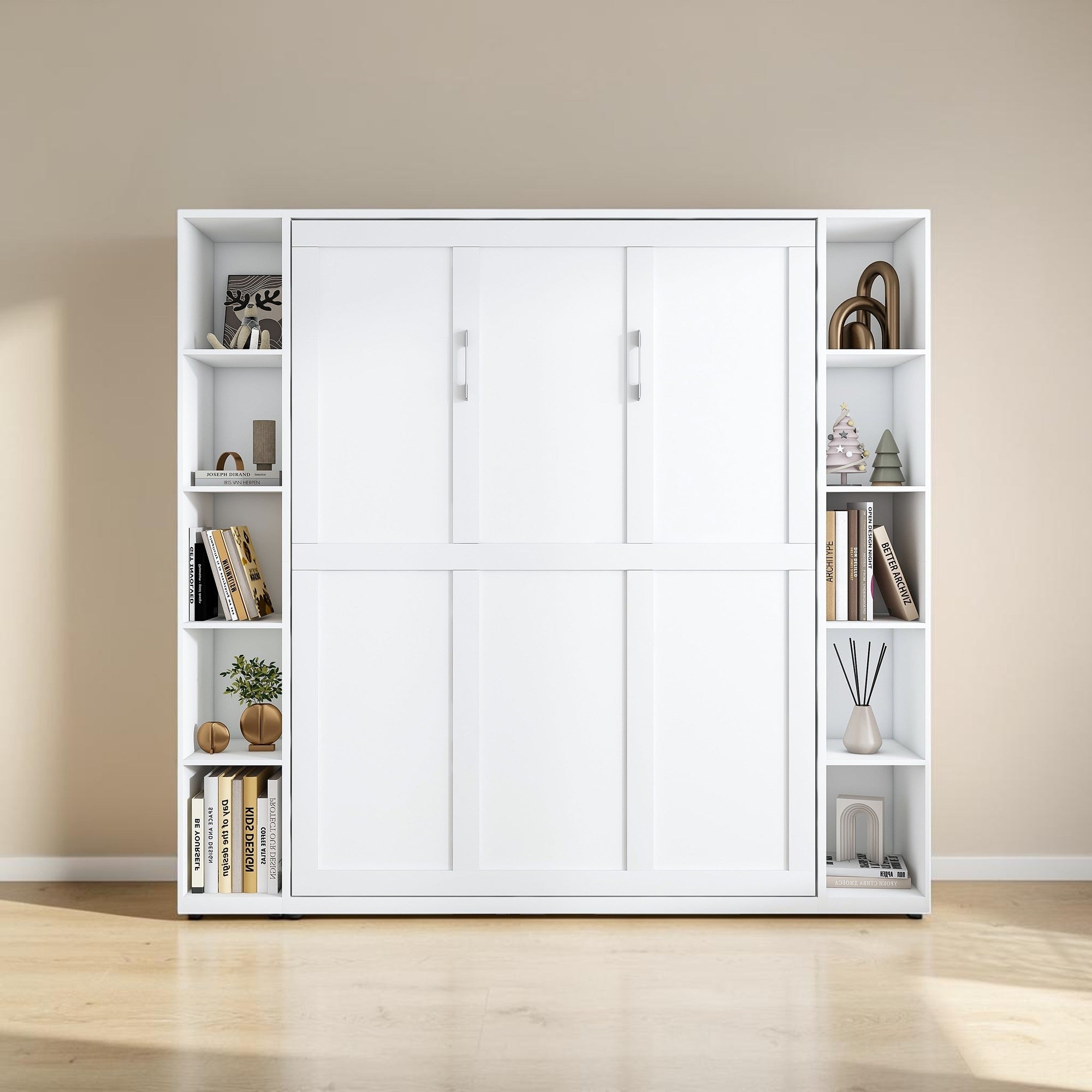Queen Murphy Bed With Storage Cabinets Foldable Wall Bed With Wood Slats And Hardware Frame