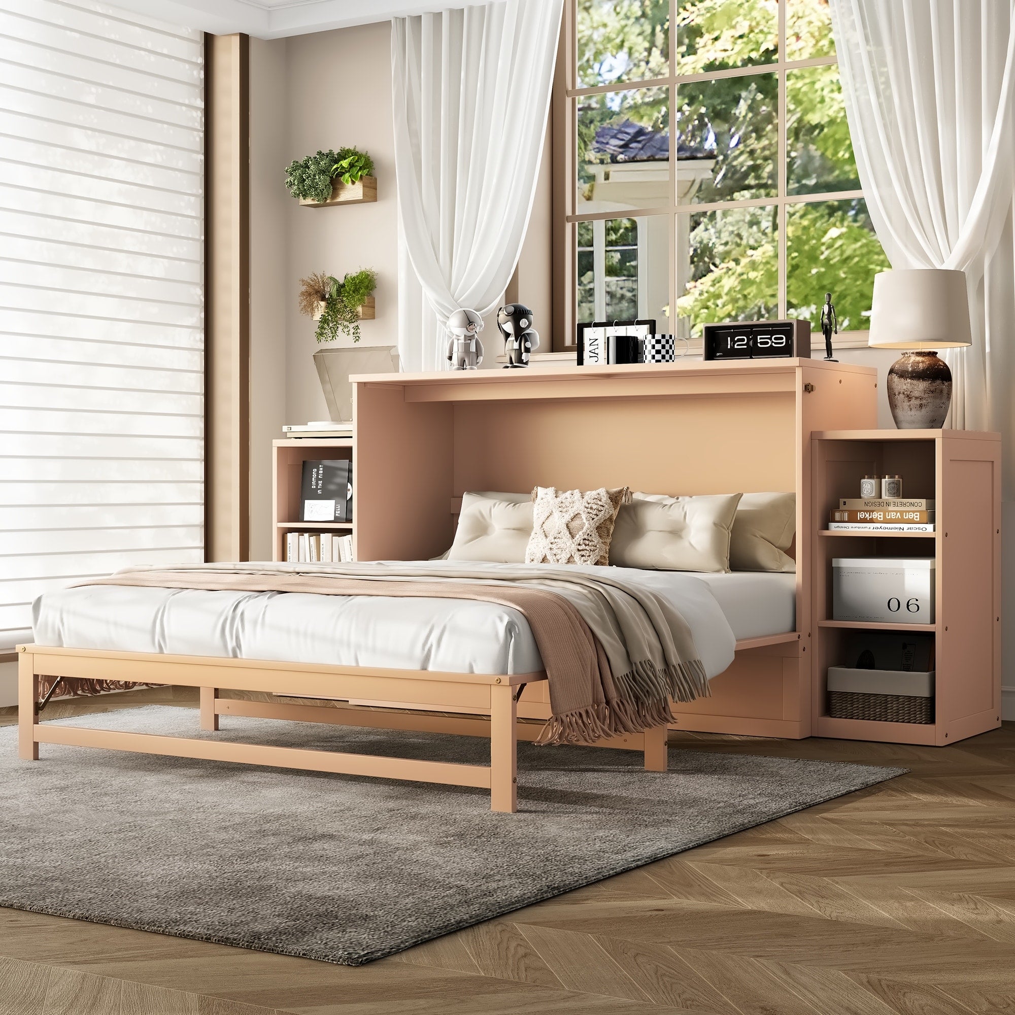 Queen Murphy Bed With Storage Drawers Shelves For Guest Room