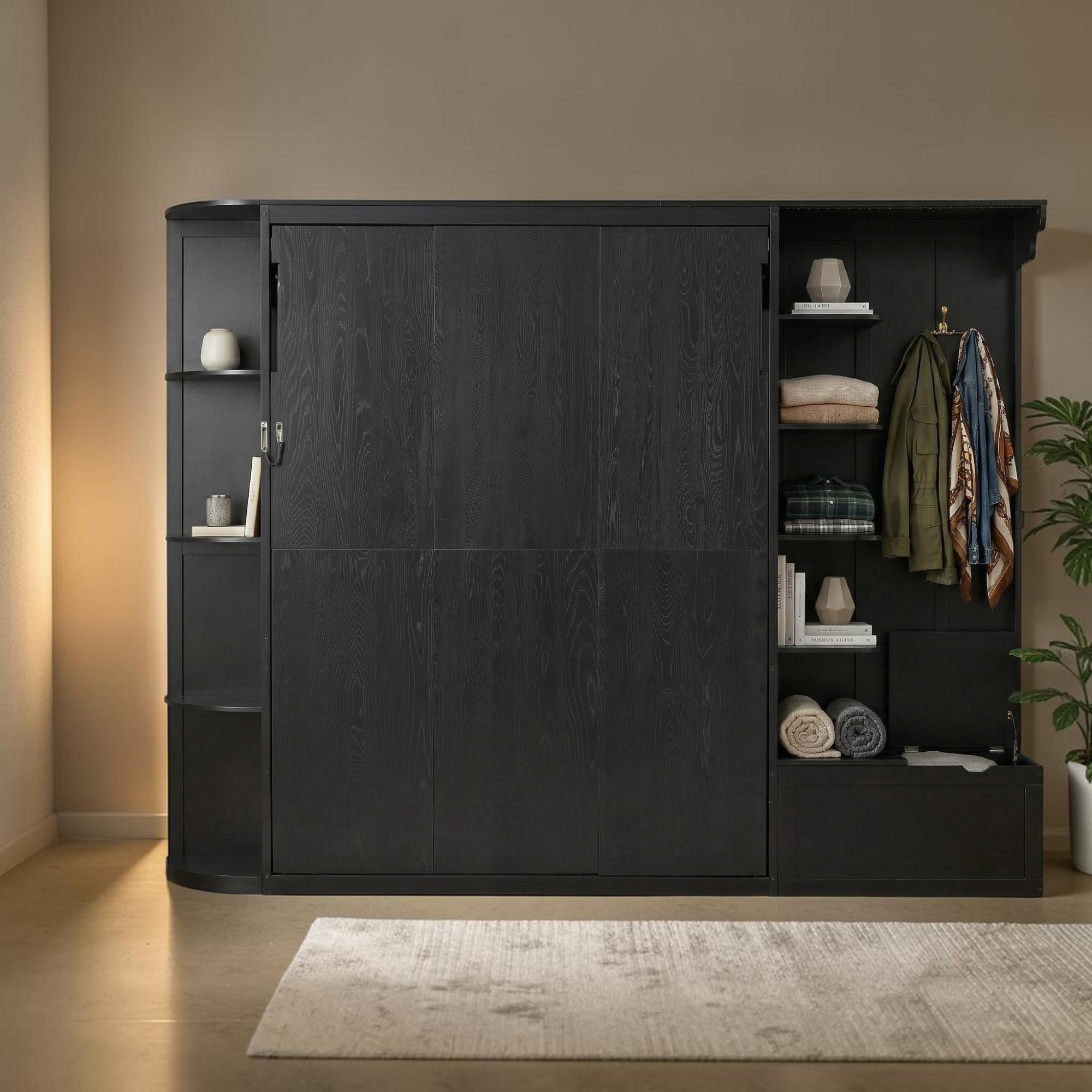 Queen Murphy Bed With Storage Shelves And Led Lights Wall Bed With Cabinets Oak Finish Space Saving
