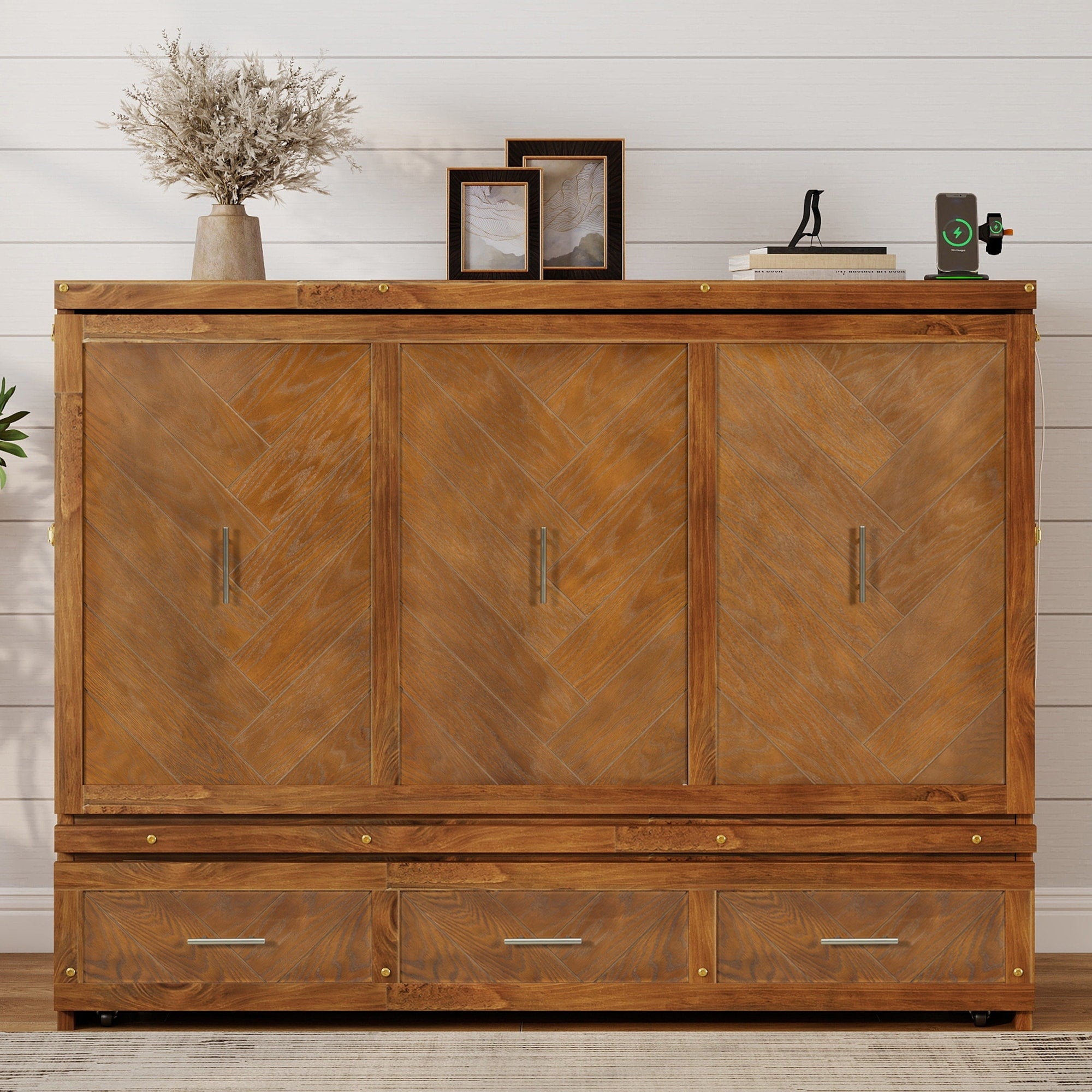 Queen Murphy Bed With Storage Usb Charging Geometric Panel