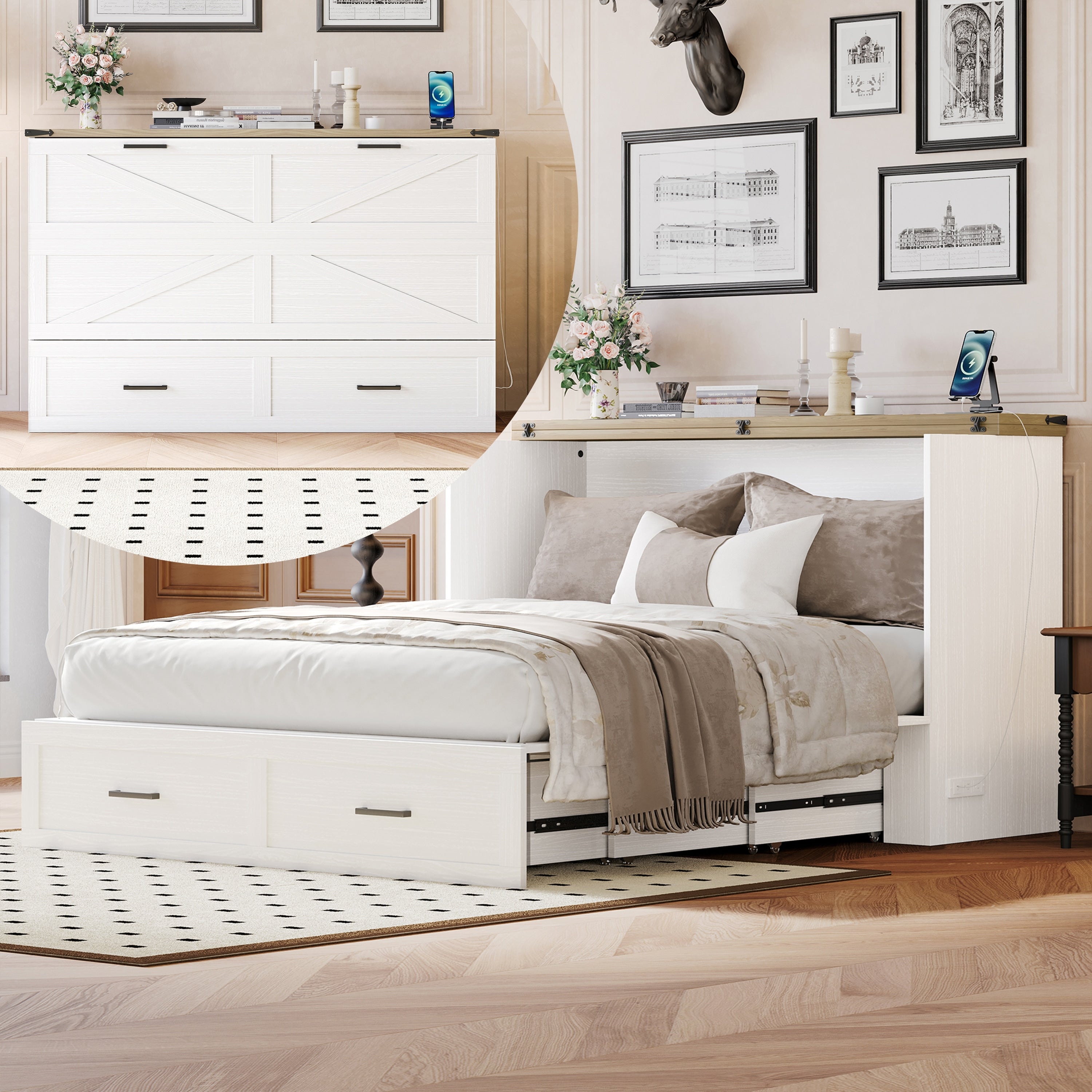 Queen Murphy Cabinet Bed With Charging Station Large Storage Drawer Farmhouse Foldable Wall Bed