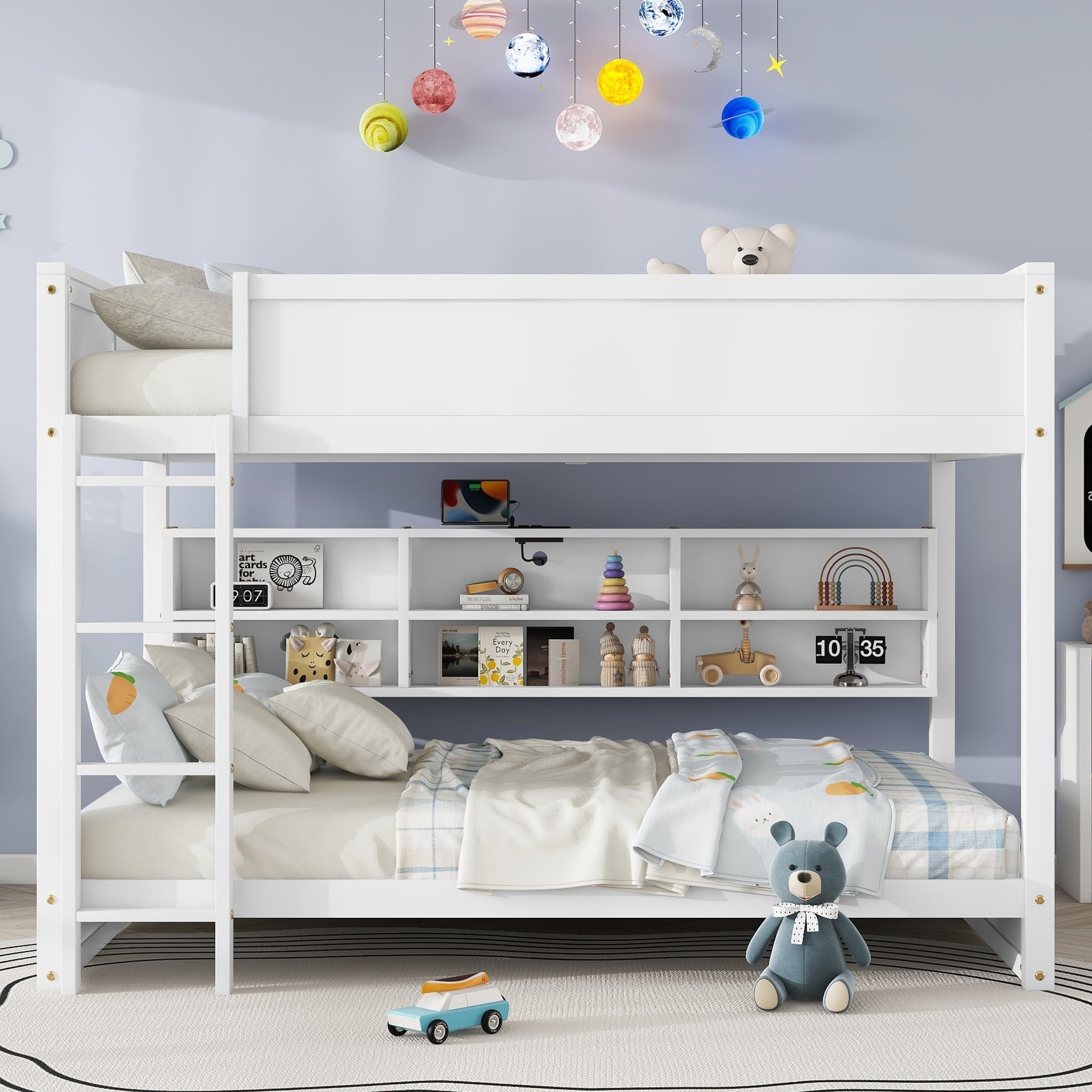 Queen Over Queen Bunk Bed With Built In Storage Cabinets Charging Station Ladder Safety Guardrails