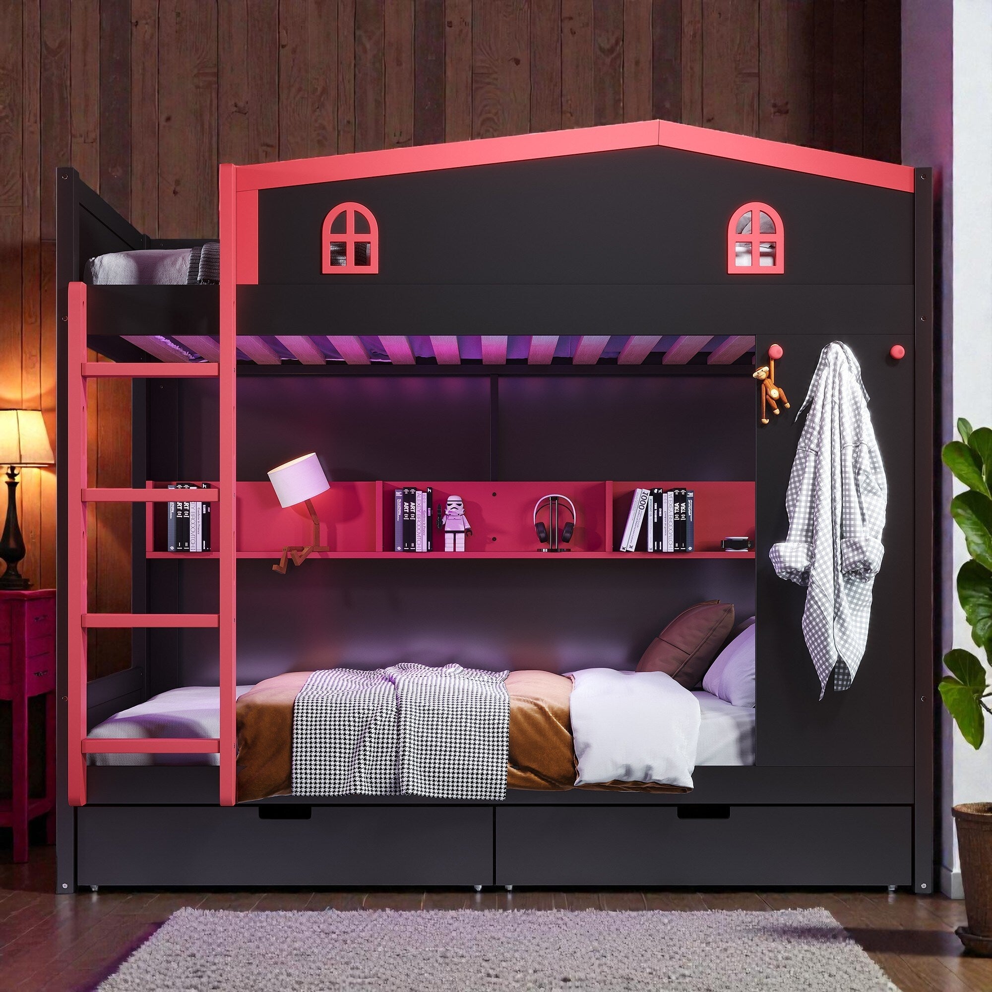 Queen Over Queen Solid Wood Bunk Bed With Storage Drawers And Shelves Built In Hooks No Box Spring